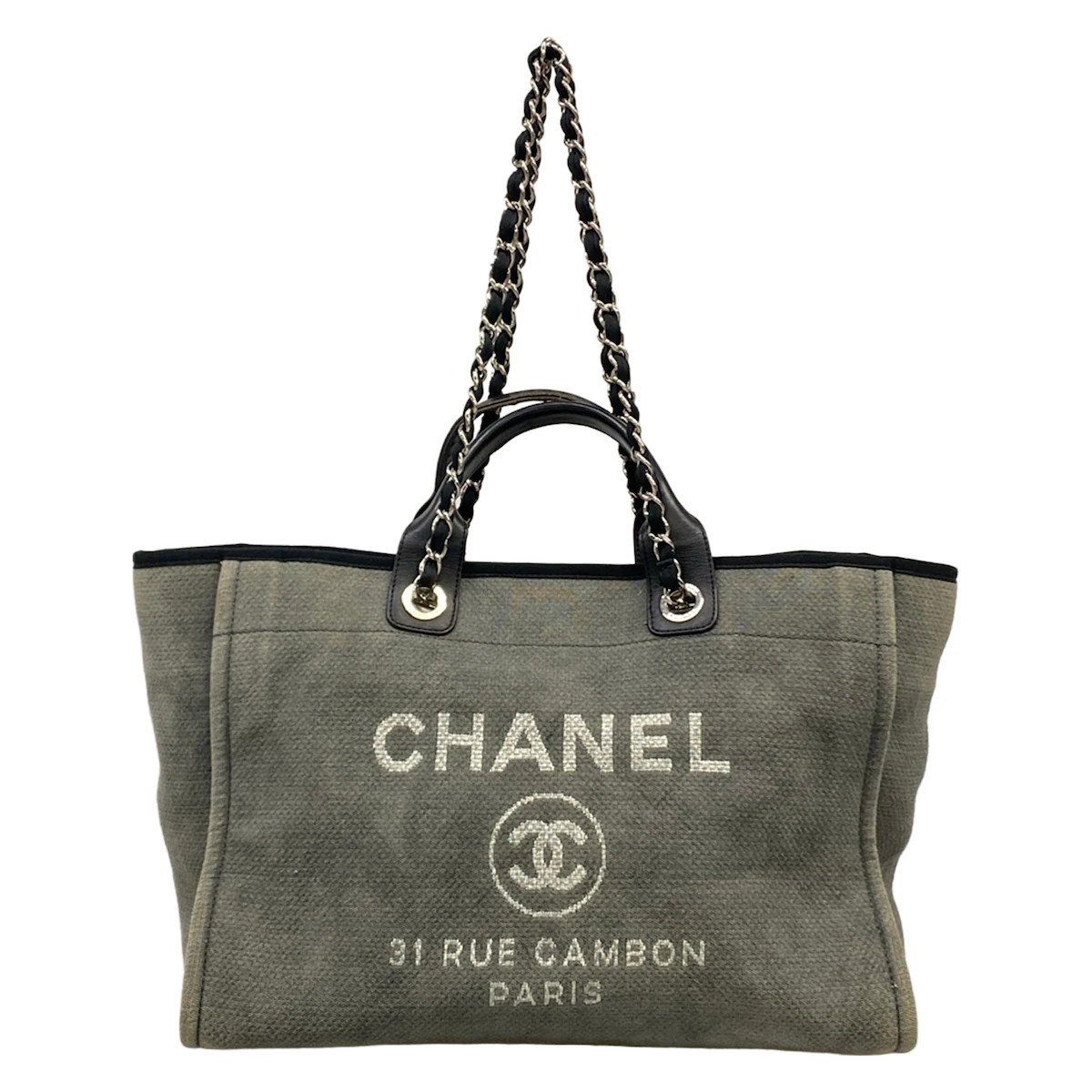 CHANEL Deauville Line Gray Black Canvas Leather Tote Bag