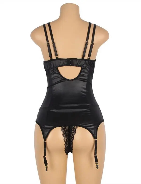 Wet Look Lace Double Strap Zipper Suspender Basque