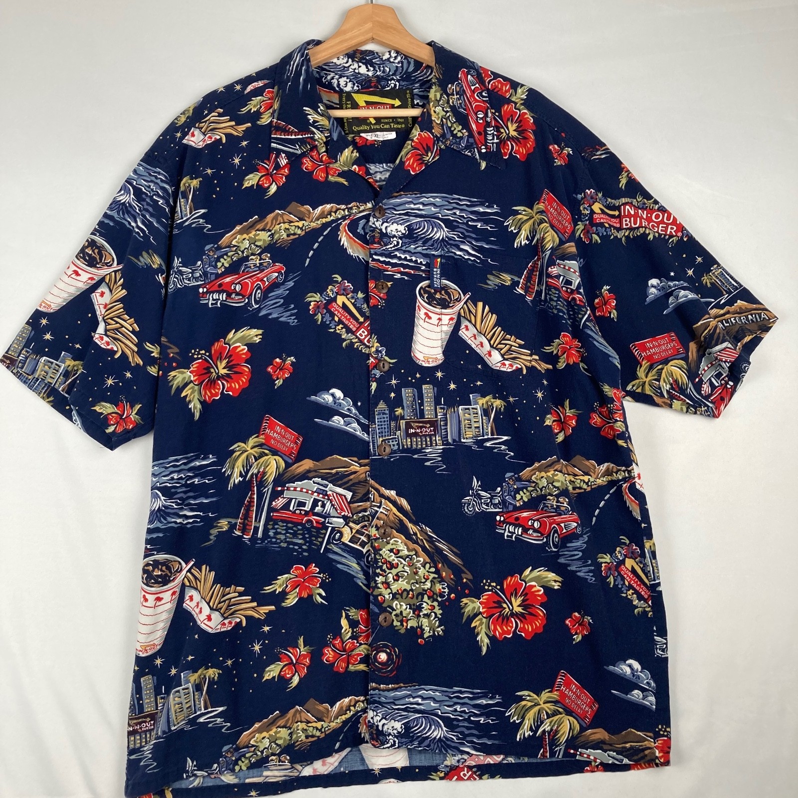 In N Out Burger Hawaiian Shirt Blue Camp Luau Drive Thru USA Made Mens XL