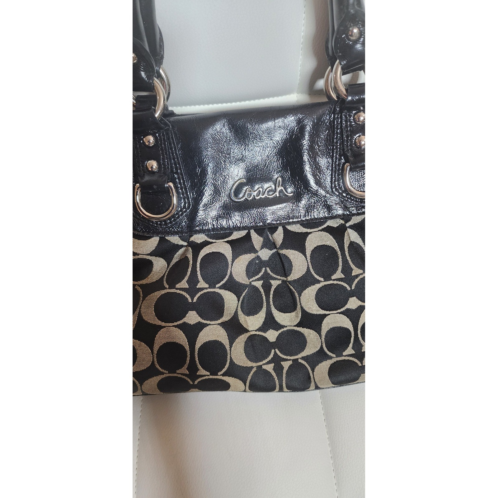 Coach Ashley Signature Satchel Black Grey Jacquard Patent Leather Bag F15440