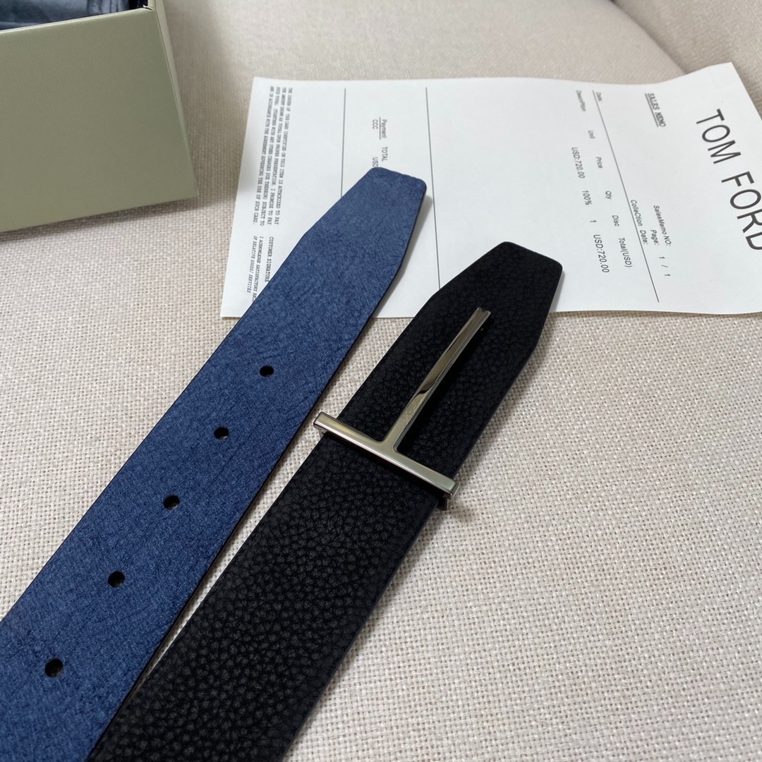 Tom Ford Belt Reversible T-Silvery Buckle Black/Blue Calfskin Leather Belt