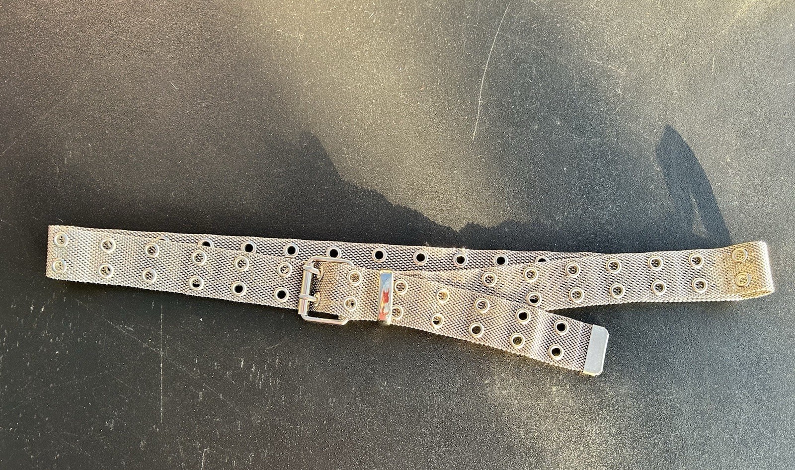 VTG Y2K Silver Metal Mesh Double Prong & Grommet Belt 42” Long x 1.25” Wide