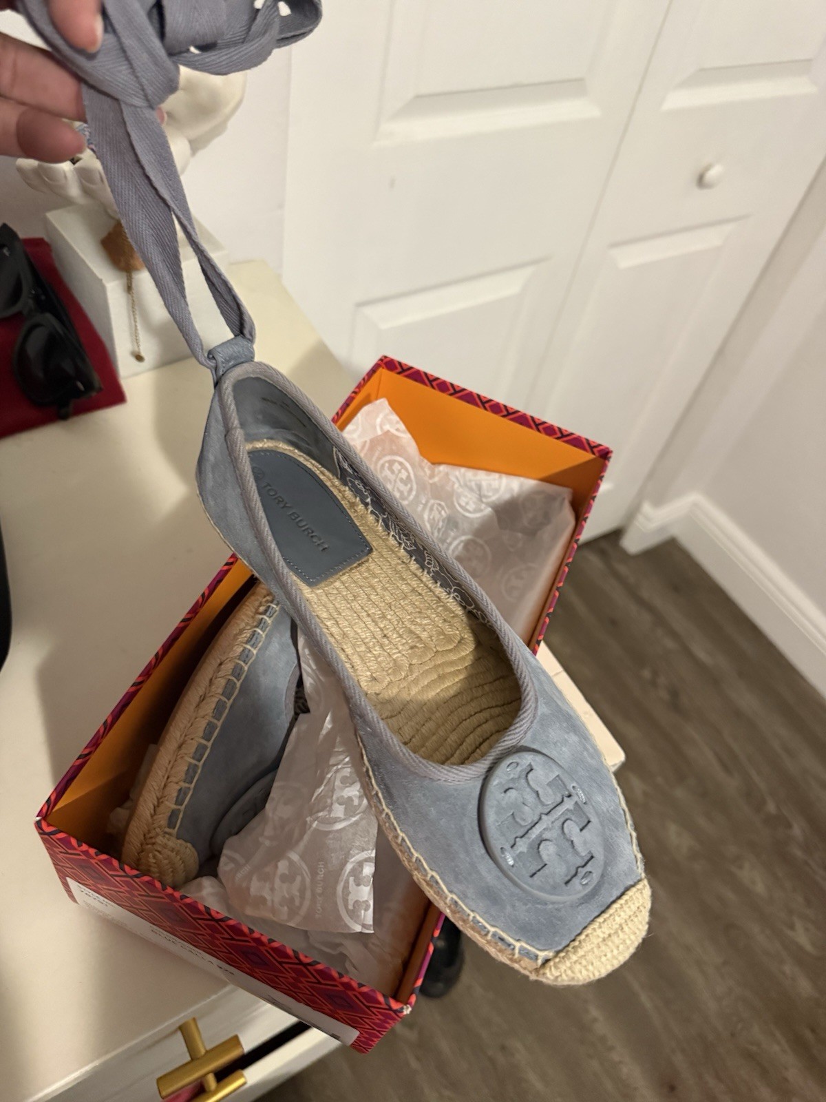 Tory Burch Blue Suede Espadrille Ballet Flats Round Toe Logo Accent Women’s 9
