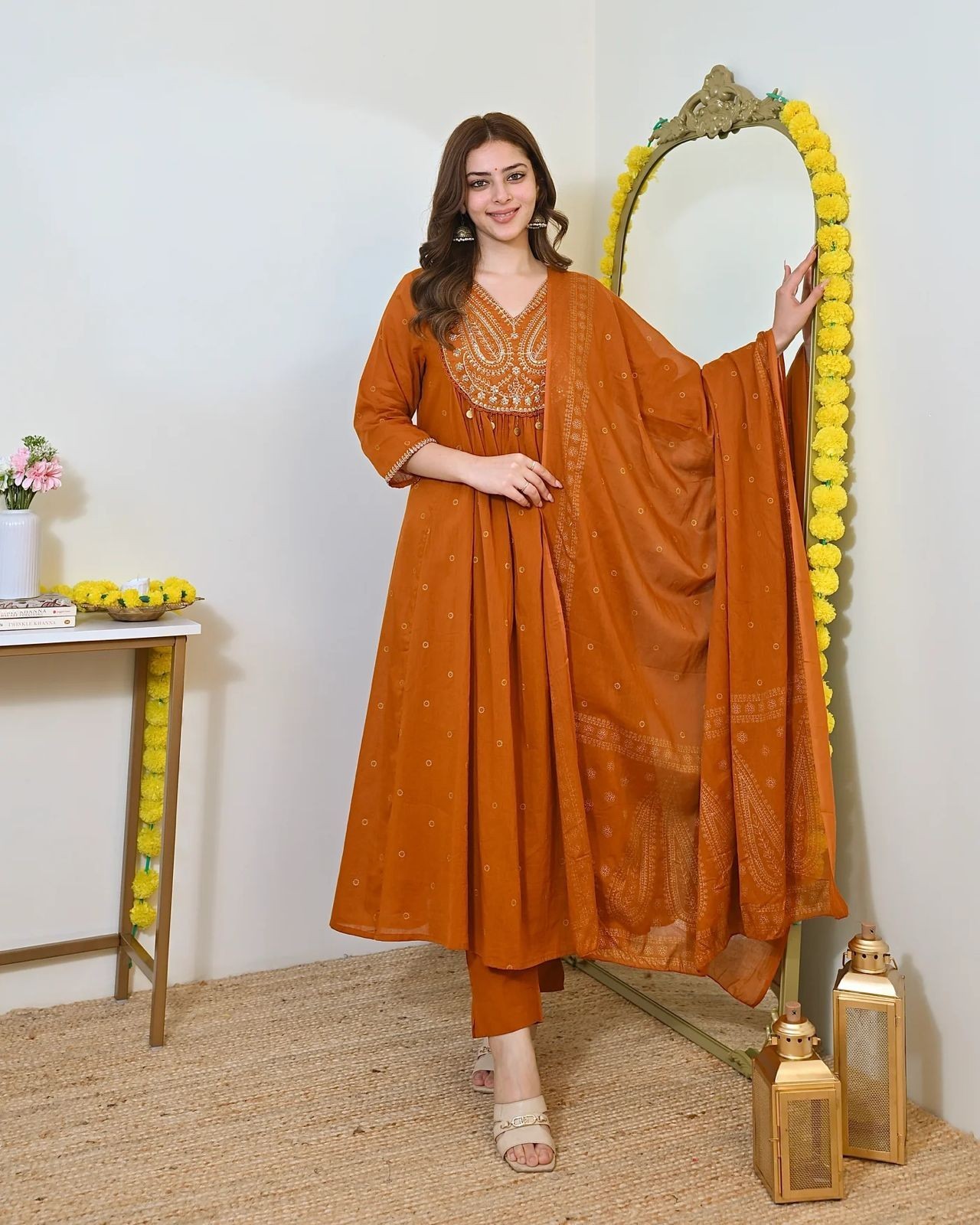 Burnt Orange Embroidered Anarkali Kurta Set with Printed Dupatta