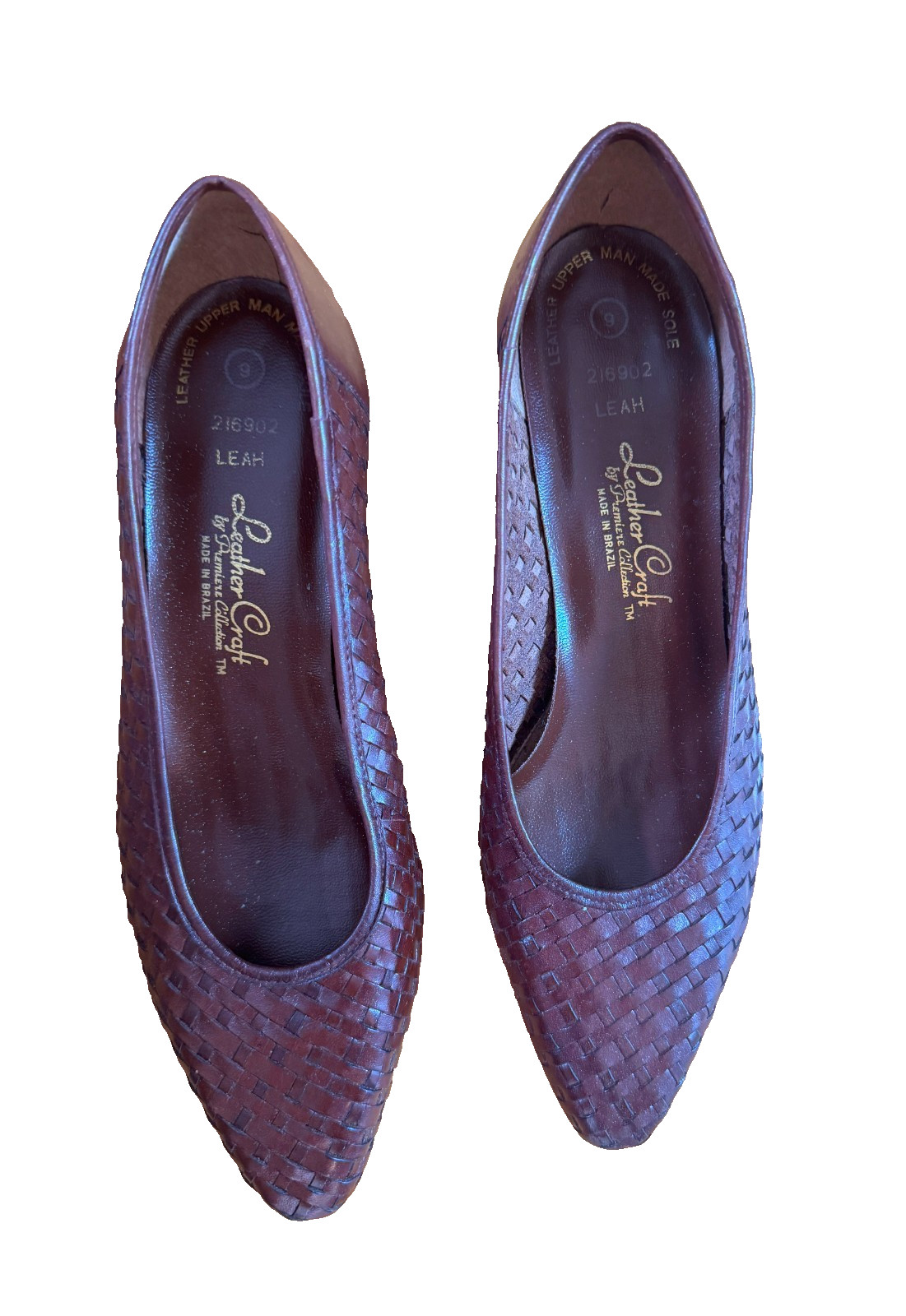 Vintage Leather Craft Leah Brown Woven Leather Pumps Heels Size 9 Made In Brazil