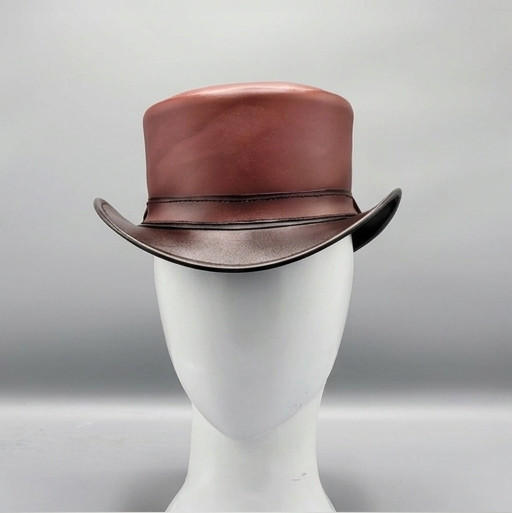 Handmade Chestnut Brown Leather Top Hat Steampunk Western Gothic Costume Hat