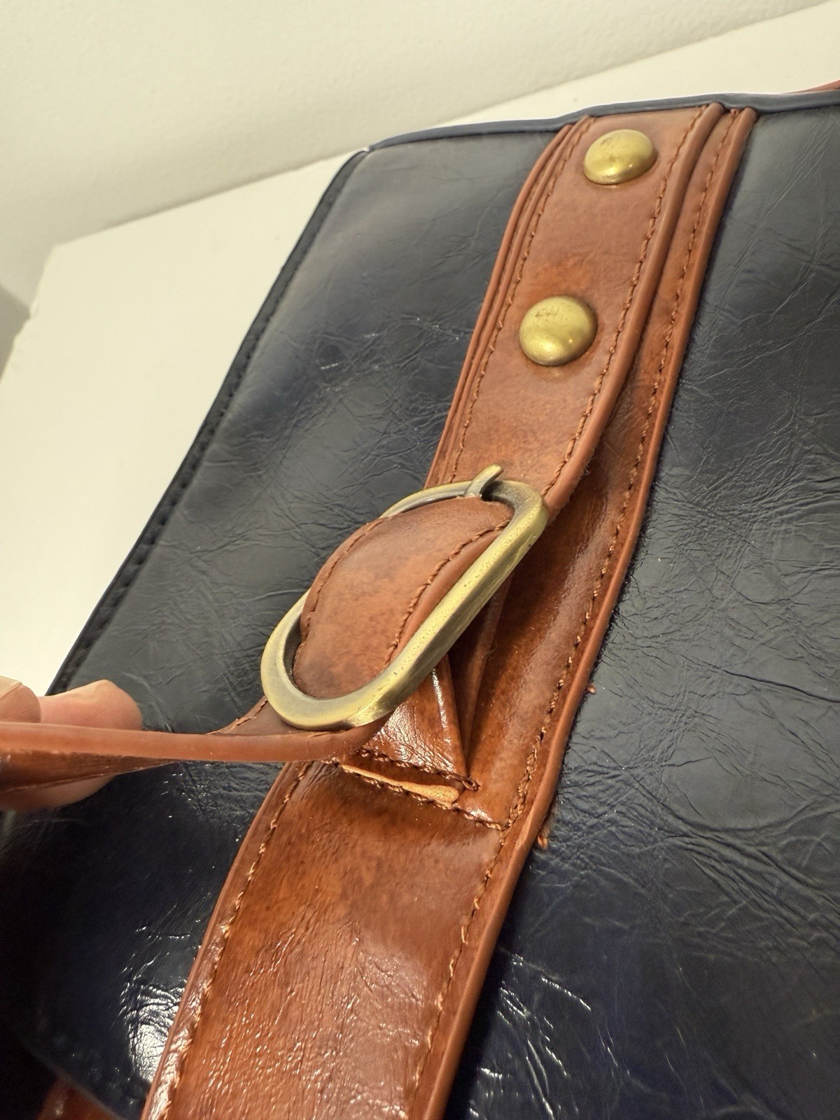 Ecosusi Faux Leather 2 Tone Dark Navy Blue Brown Messenger Bag with Bow & Handle