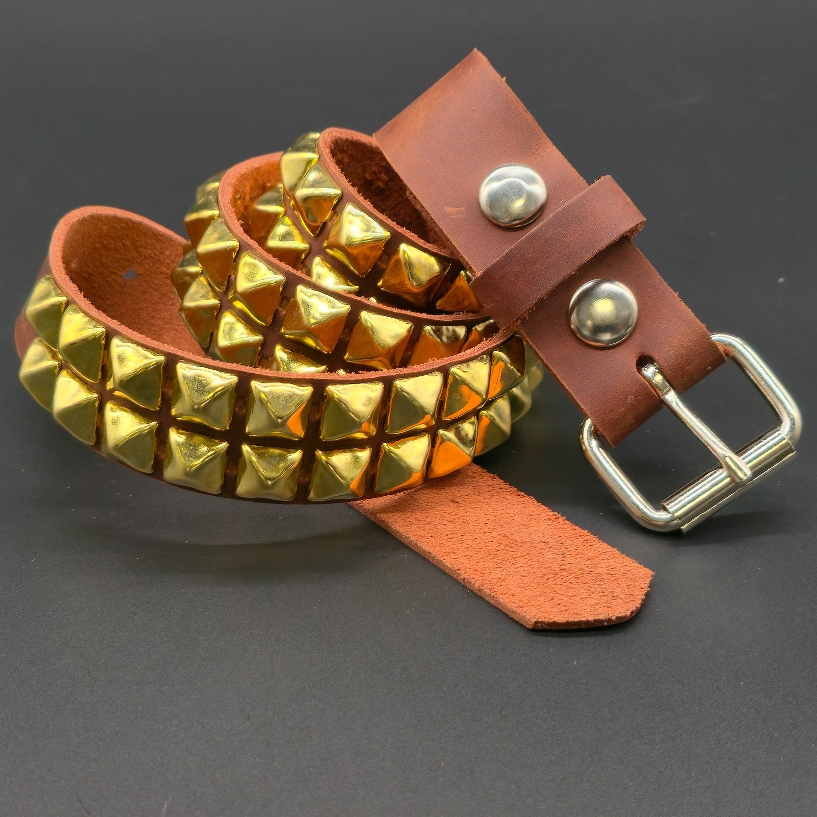 Two Row Gold Pyramid Stud Belt Brown Leather Studded Belt Punk Goth By Funk Plus