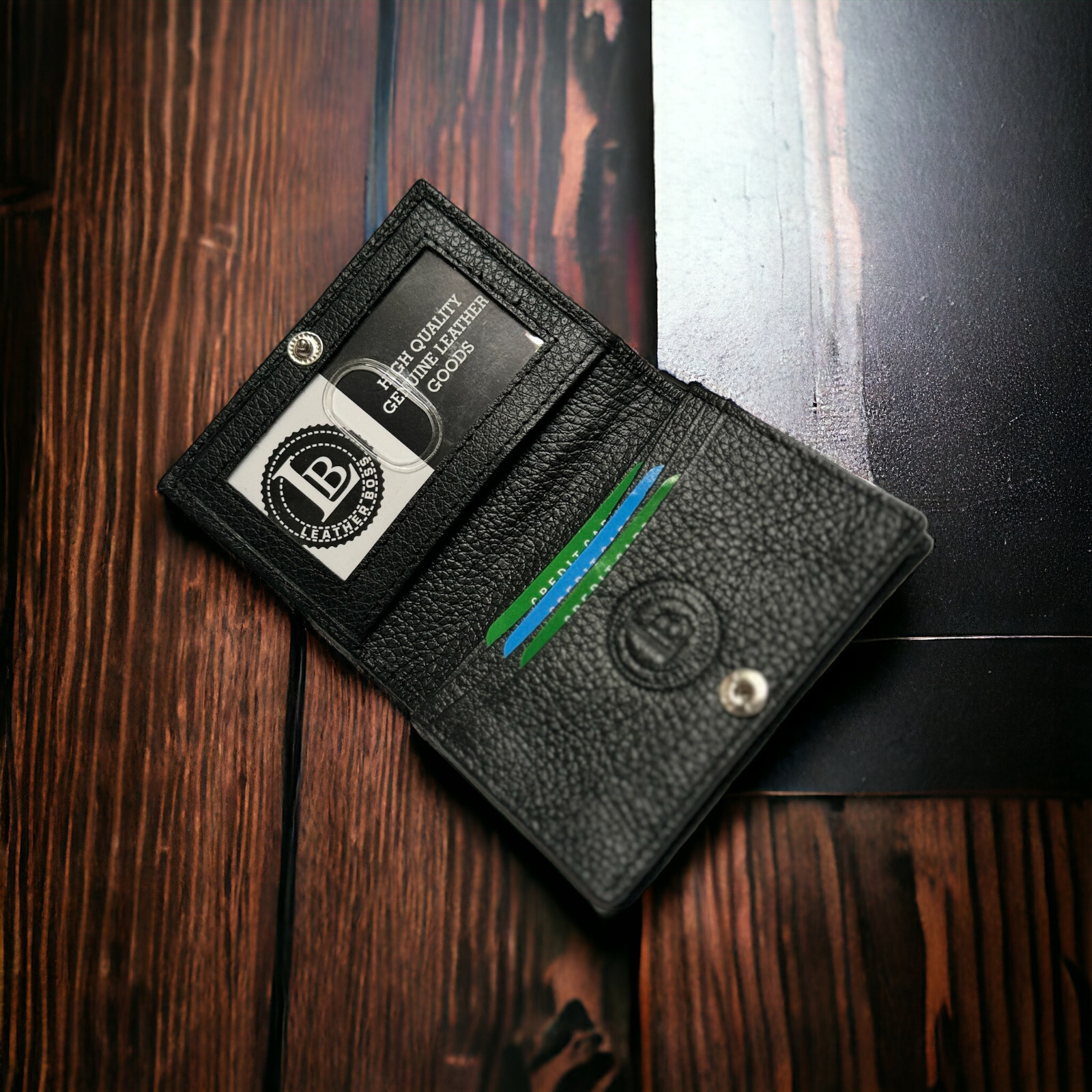 Leatherboss Leather Card Case Wallet with expandable pocket and snap closure