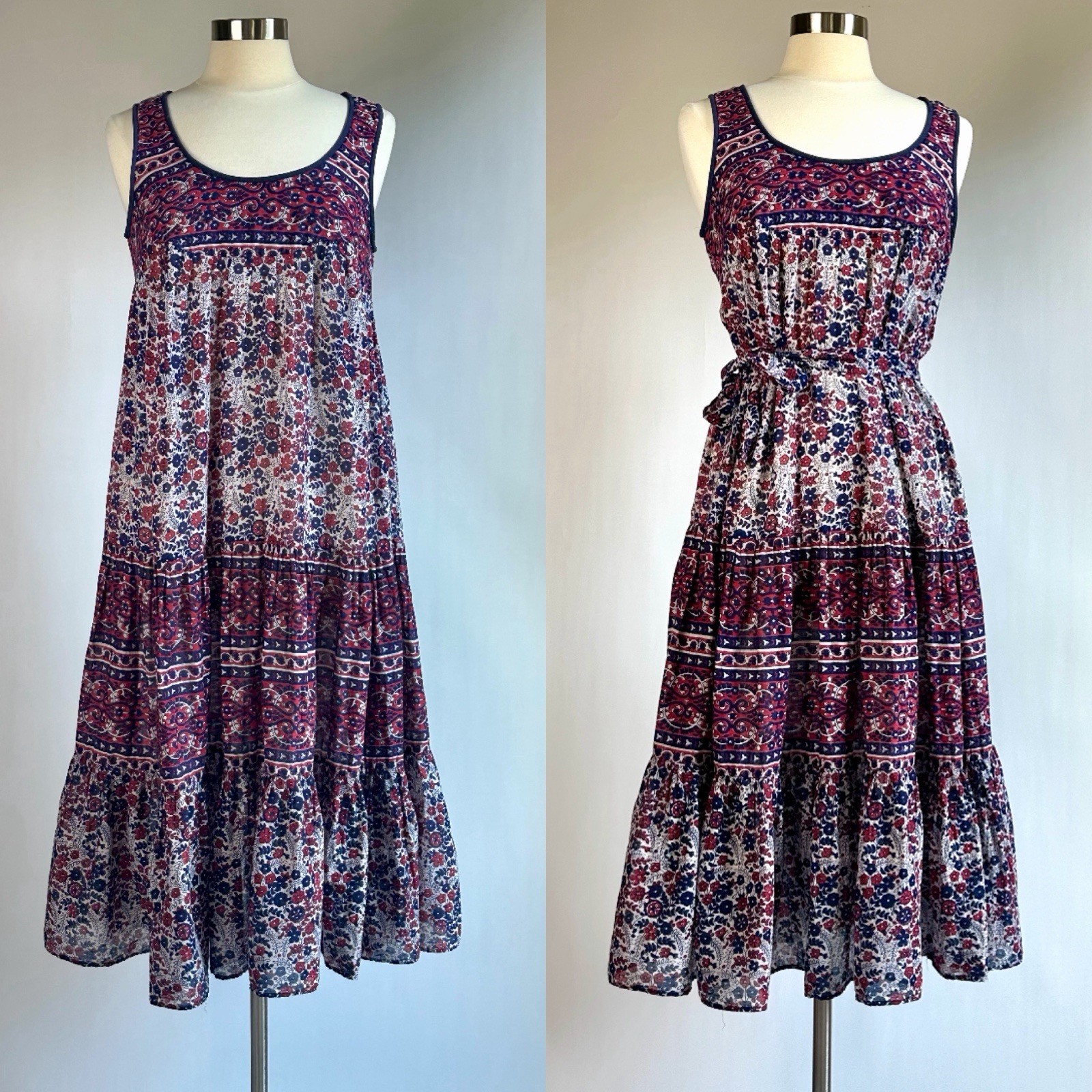 Vintage Kaiser 100% Cotton Tiered Gauze Dress with Optional Self Belt M/L