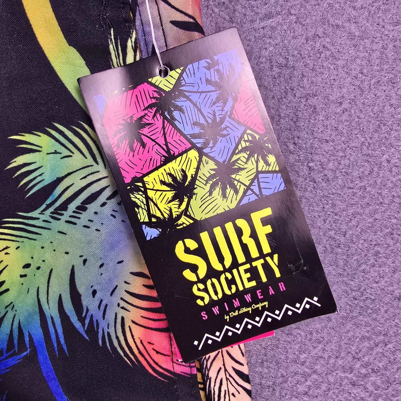 New Surf Society Swim Trunks Men’s Large Rainbow Palm Trees Black Shorts Pride