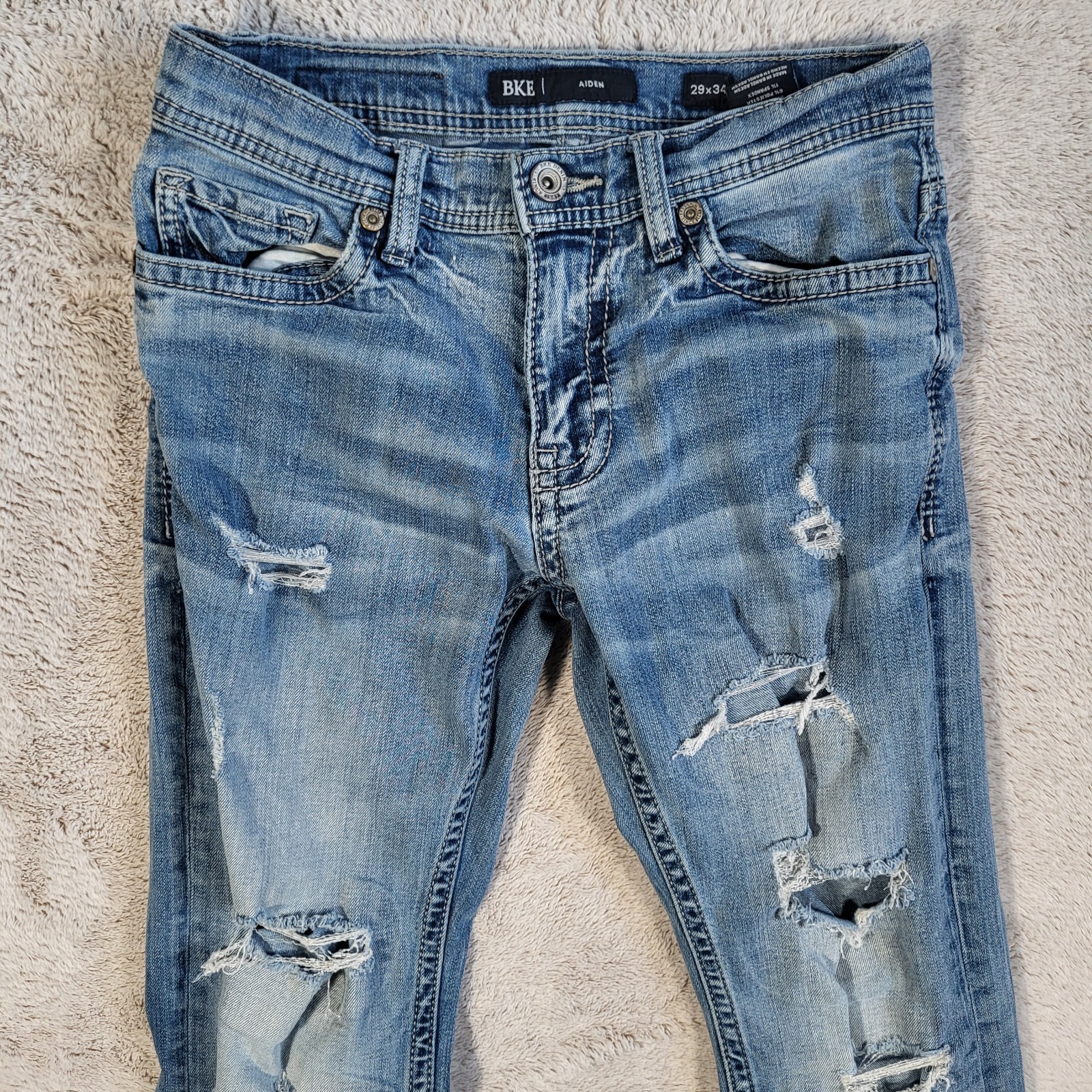 BKE Aiden Slim Fit Bootcut Jeans Men’s 29×34 Blue Light Washed Heavy Distressed