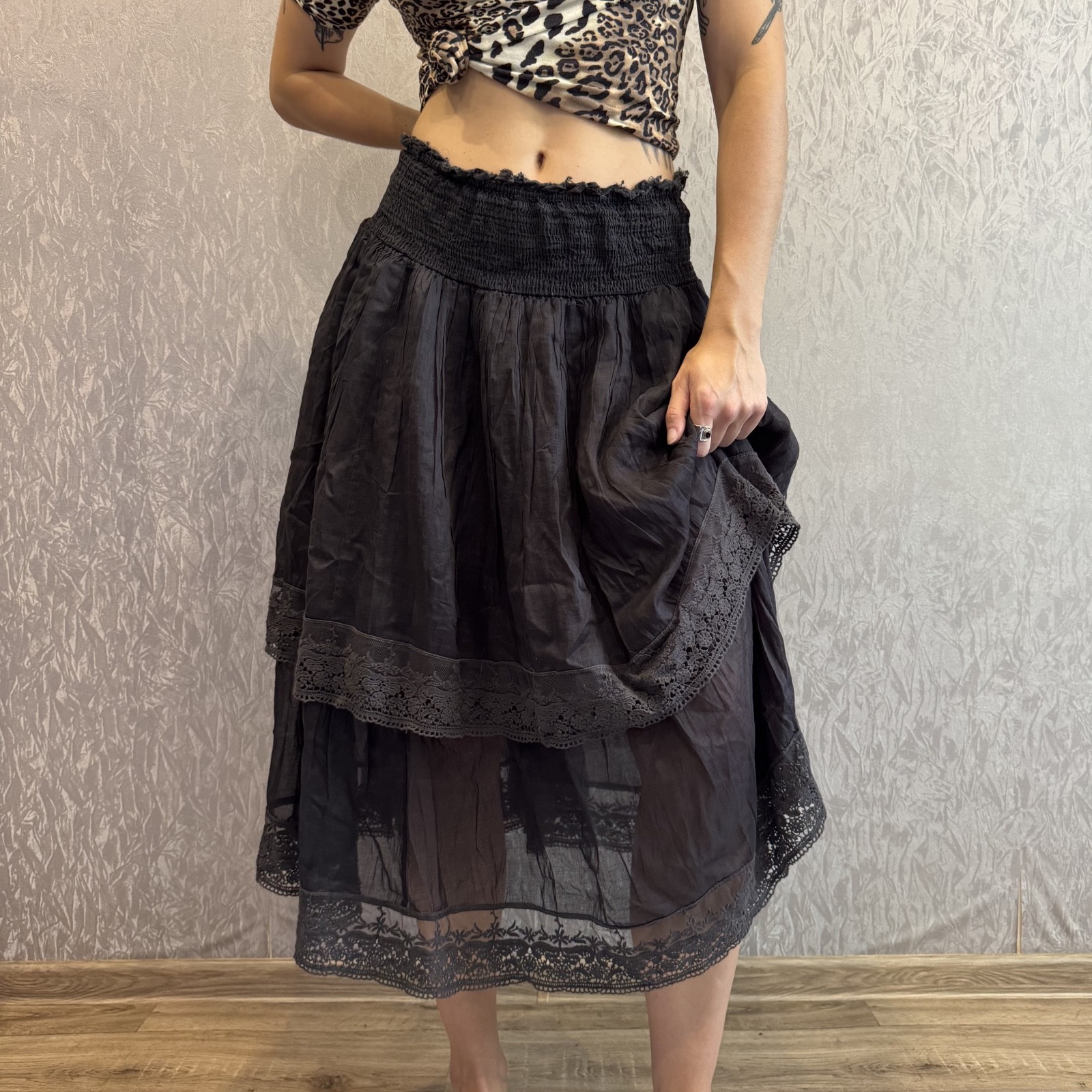 Ewa i Walla Black Lace Tiered Skirt Boho Romantic Women’s