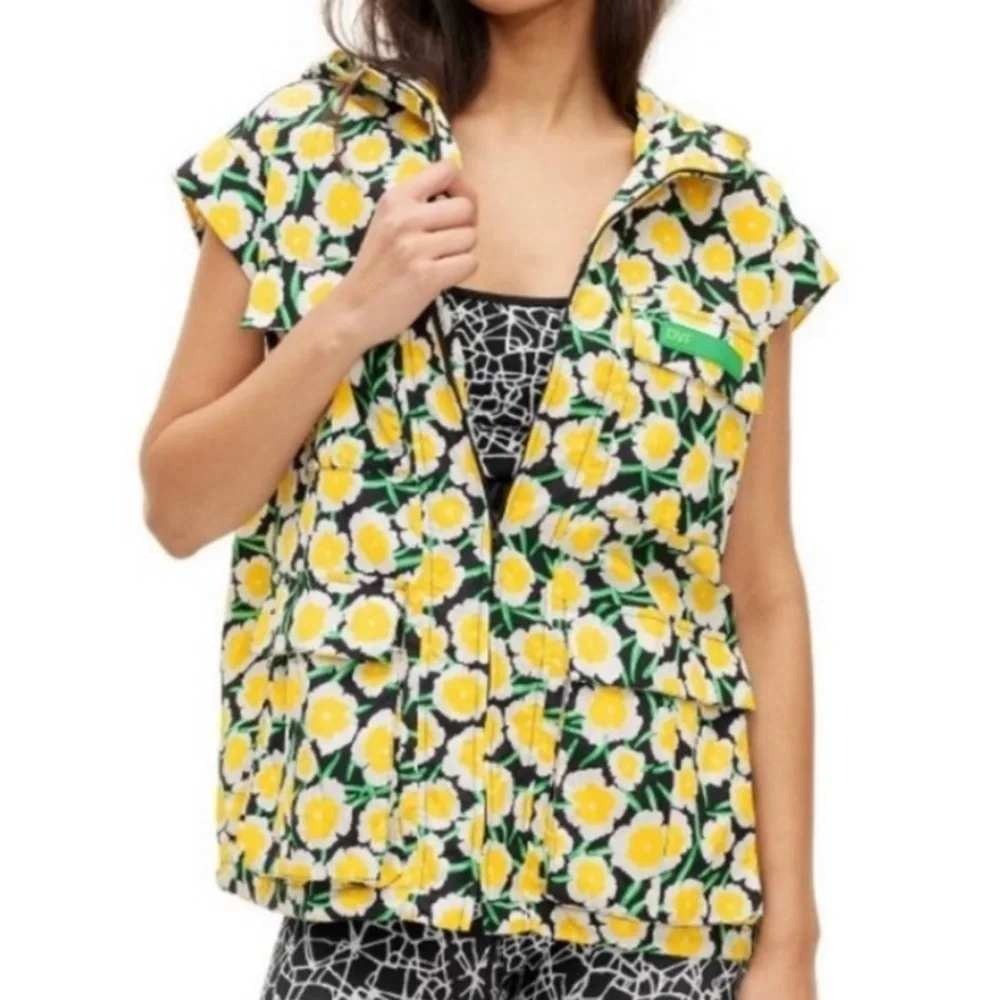 Diane von Furstenberg DVF Hooded Utility Vest Womens Small Yellow Floral Print