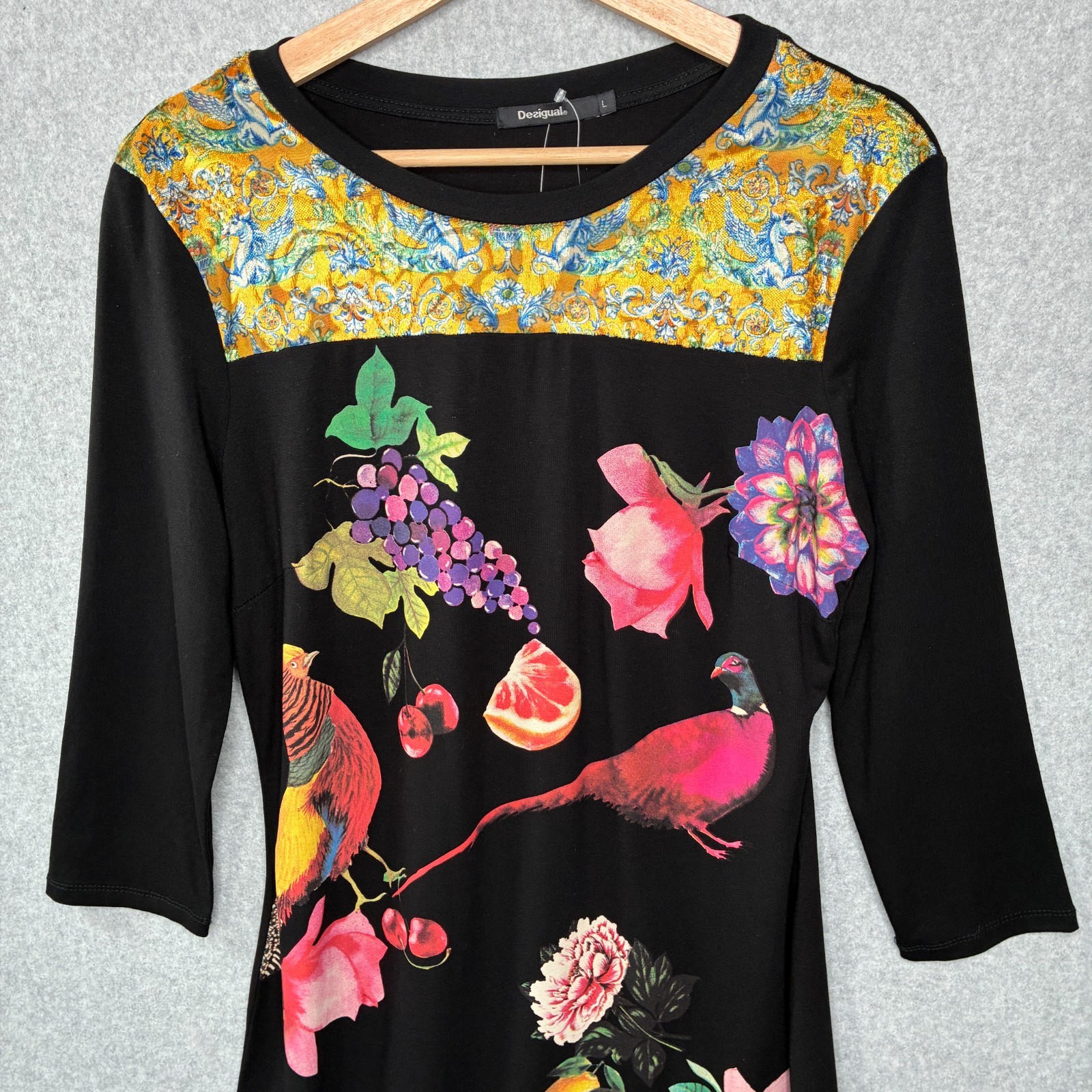 Desigual Dress Womens Large Black Floral Birds Art To Wear Vanity Model NEW