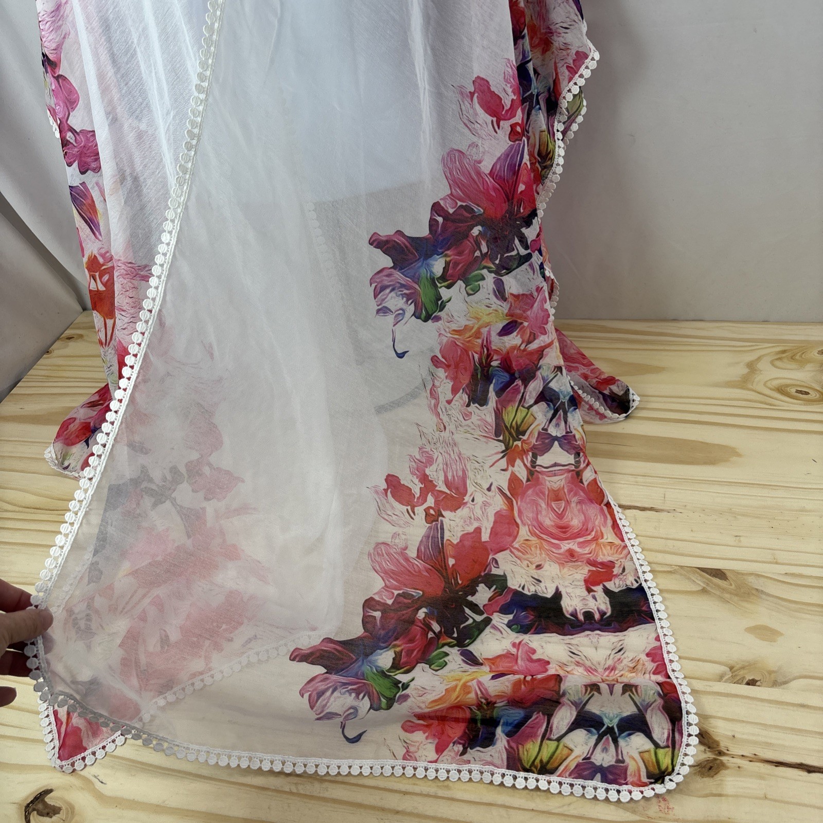 Womens Sheer Floral Kimono Cover Up White Watercolor Open Front Beach Swim OS