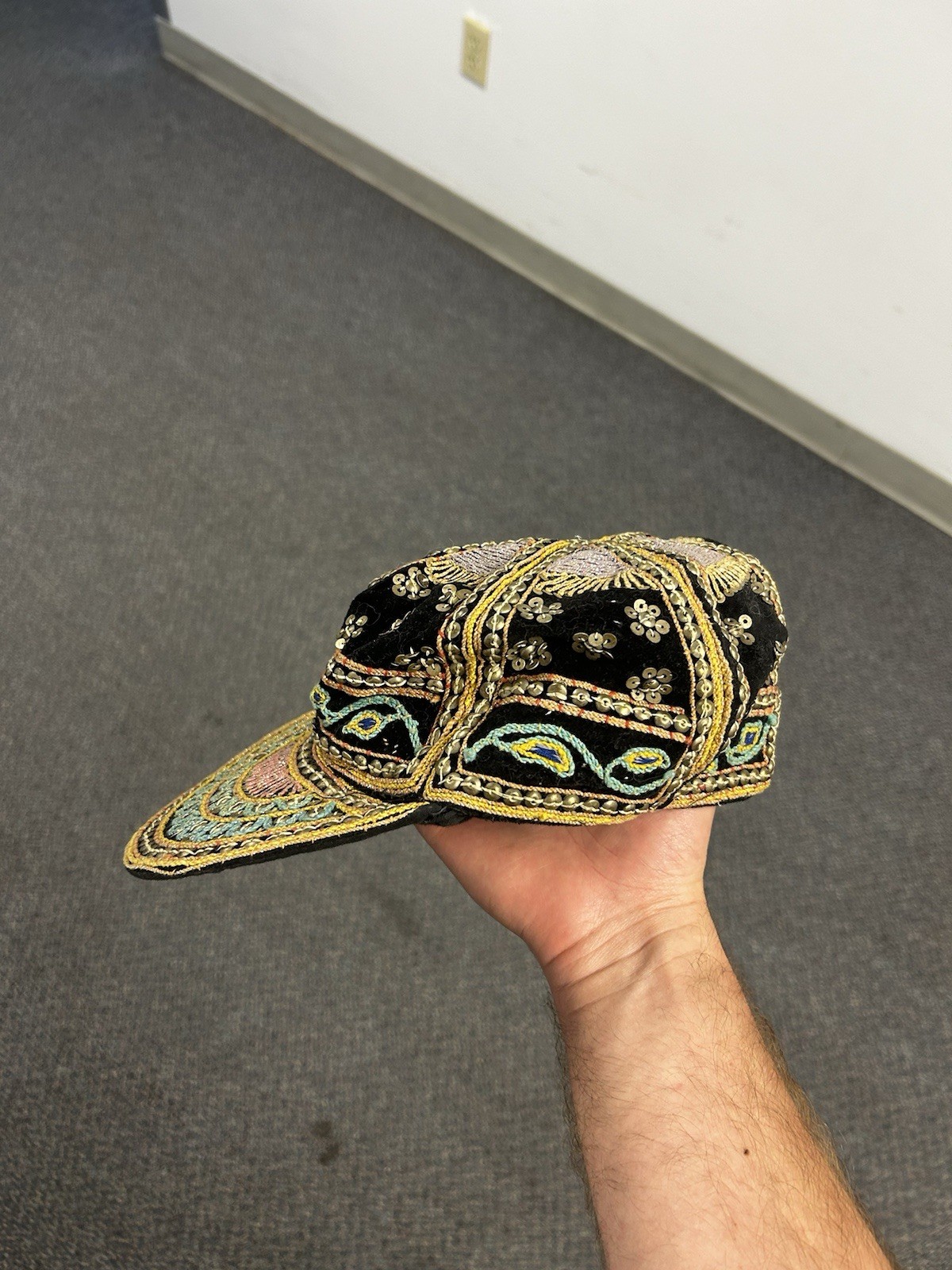 Vintage Myanmar Burma Beaded Embroidered Velvet Hand Made Cap Black & Gold
