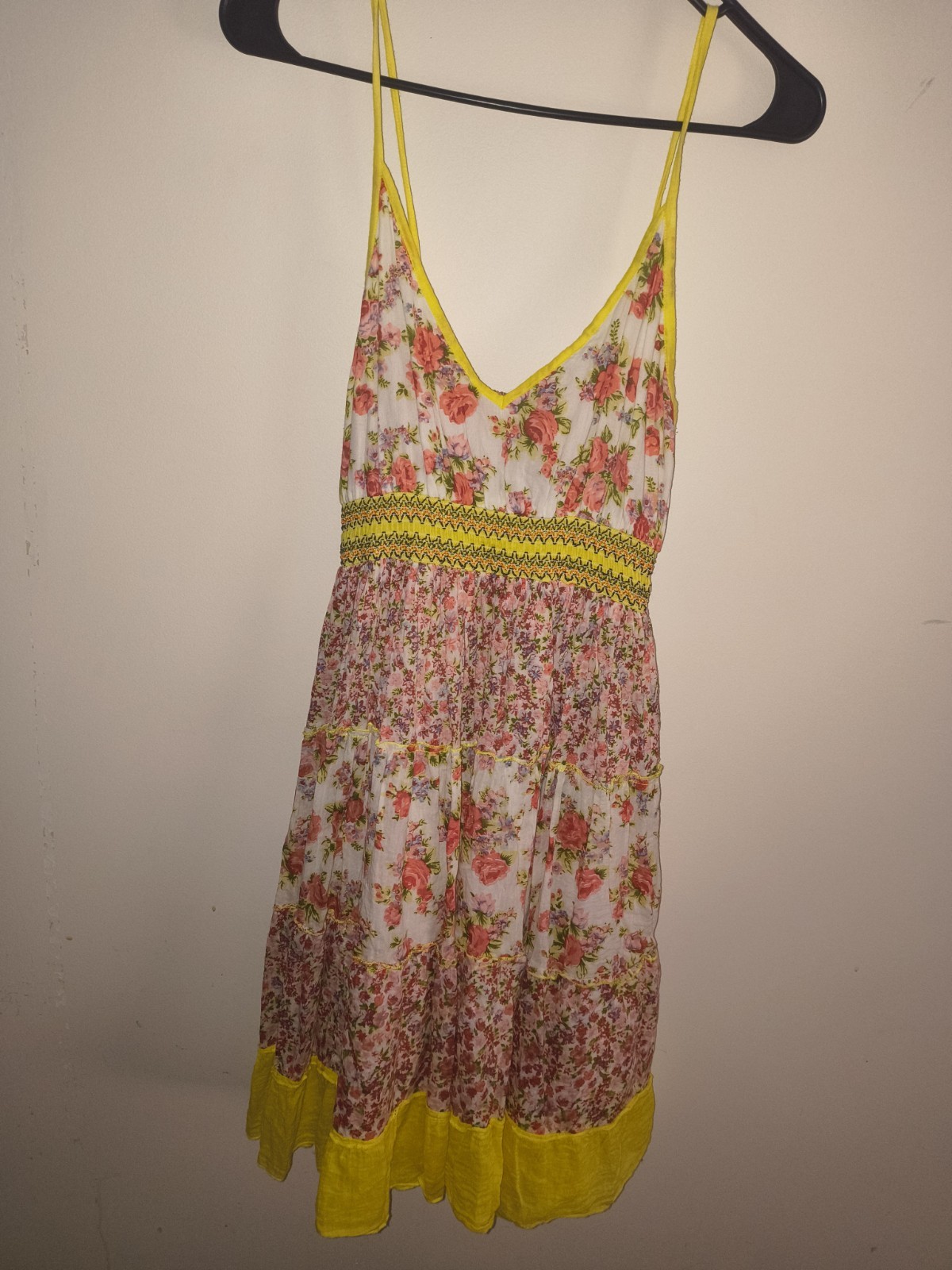 Women’s Floral V-Neck Spaghetti Strap Mini Sundress Ruffle White Yellow S