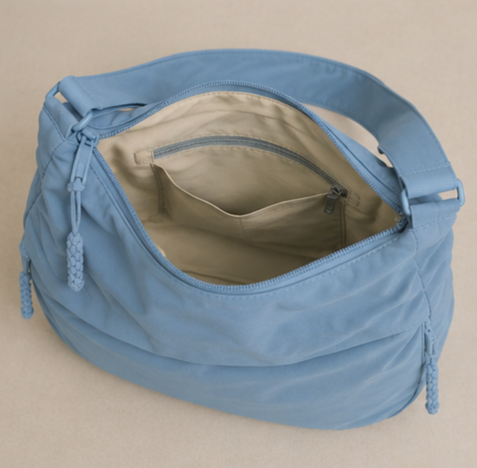 Blue Minimalist Bag, Neutral Half Moon Shoulder Bag