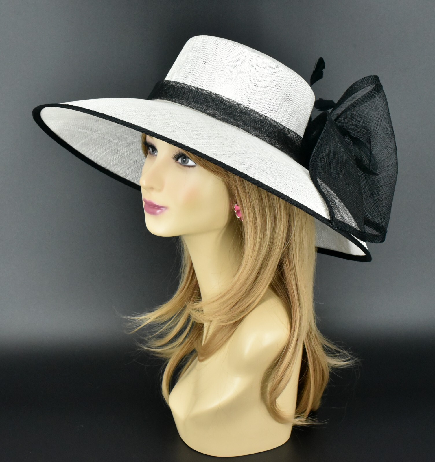 M95( White/Black)Kentucky Derby Church Wedding Royal Ascot Wide Brim Sinamay hat