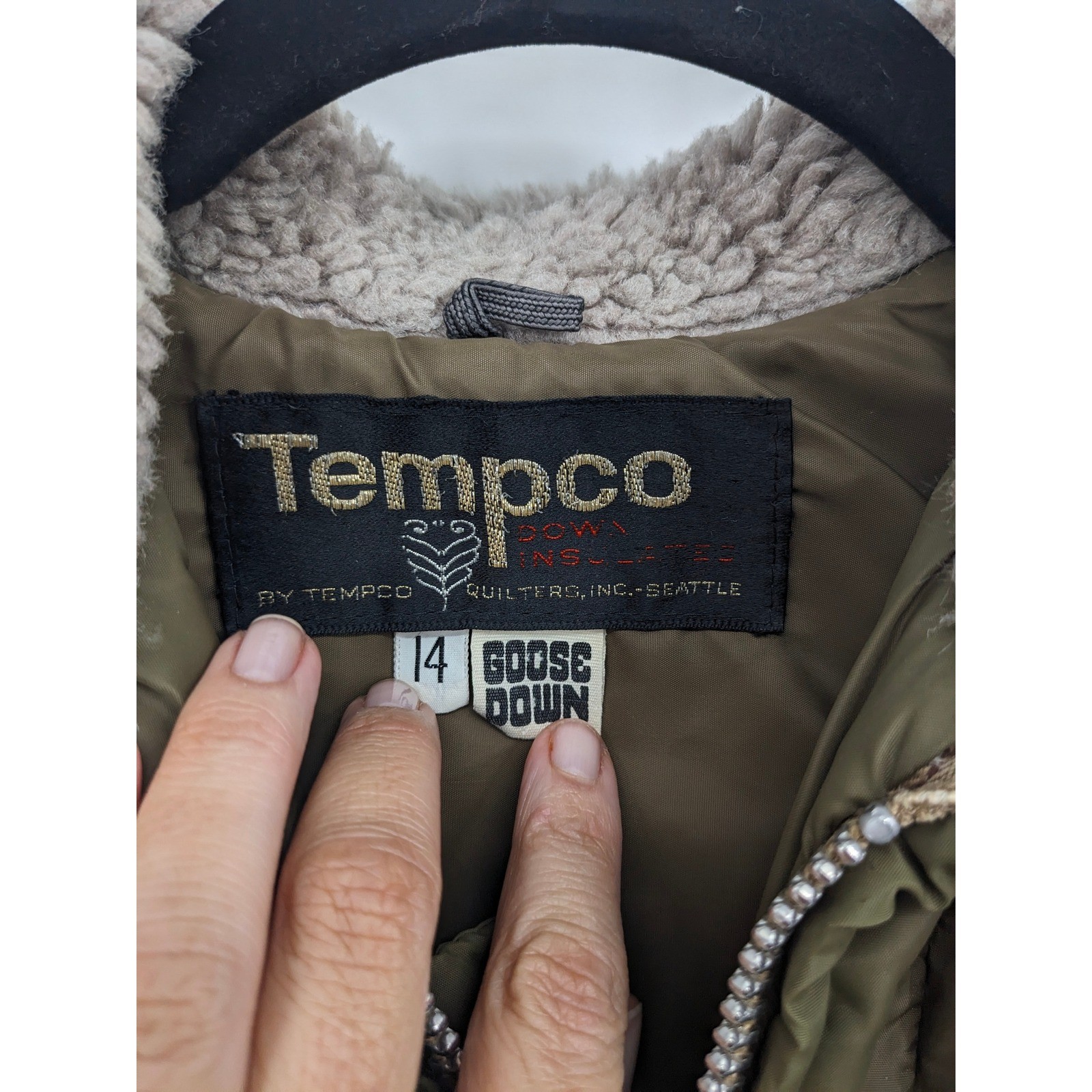 Vintage Tempco Goose Down Puffer Jacket Women 14 Green Sherpa Collar Made in USA