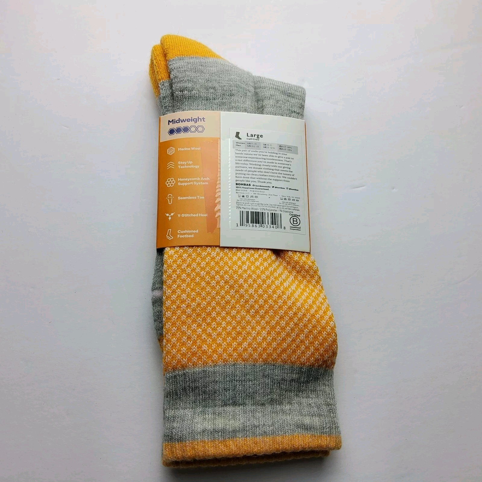 Bombas Merino Wool Blend Midweight Crew Socks Size L (Men’s 9.5-13, Wo 11-13)