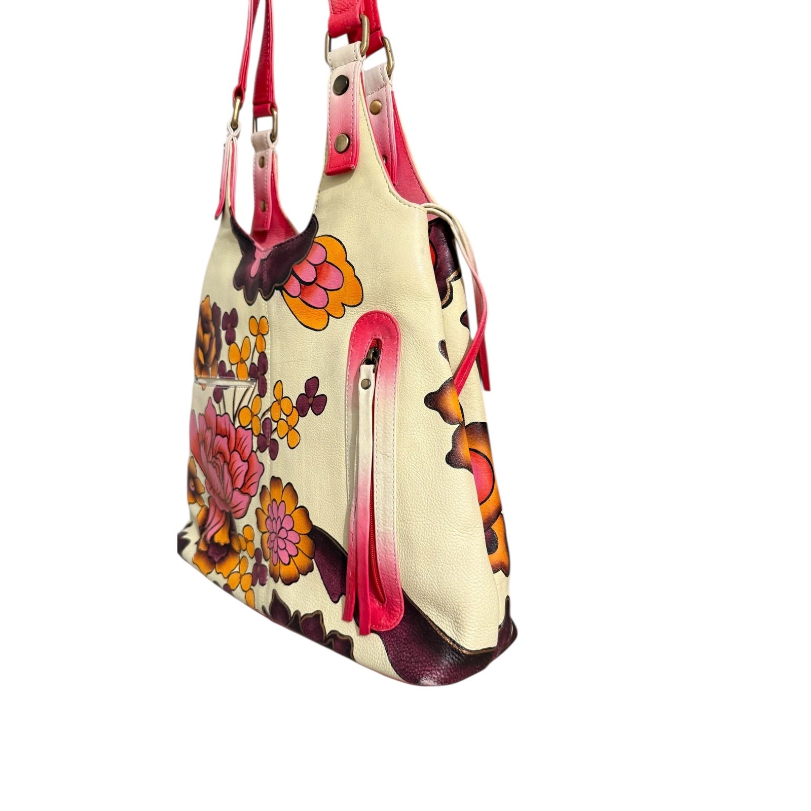 Hand Painted Style Floral Leather Shoulder Bag Boho Artisan Ombre Strap Purse