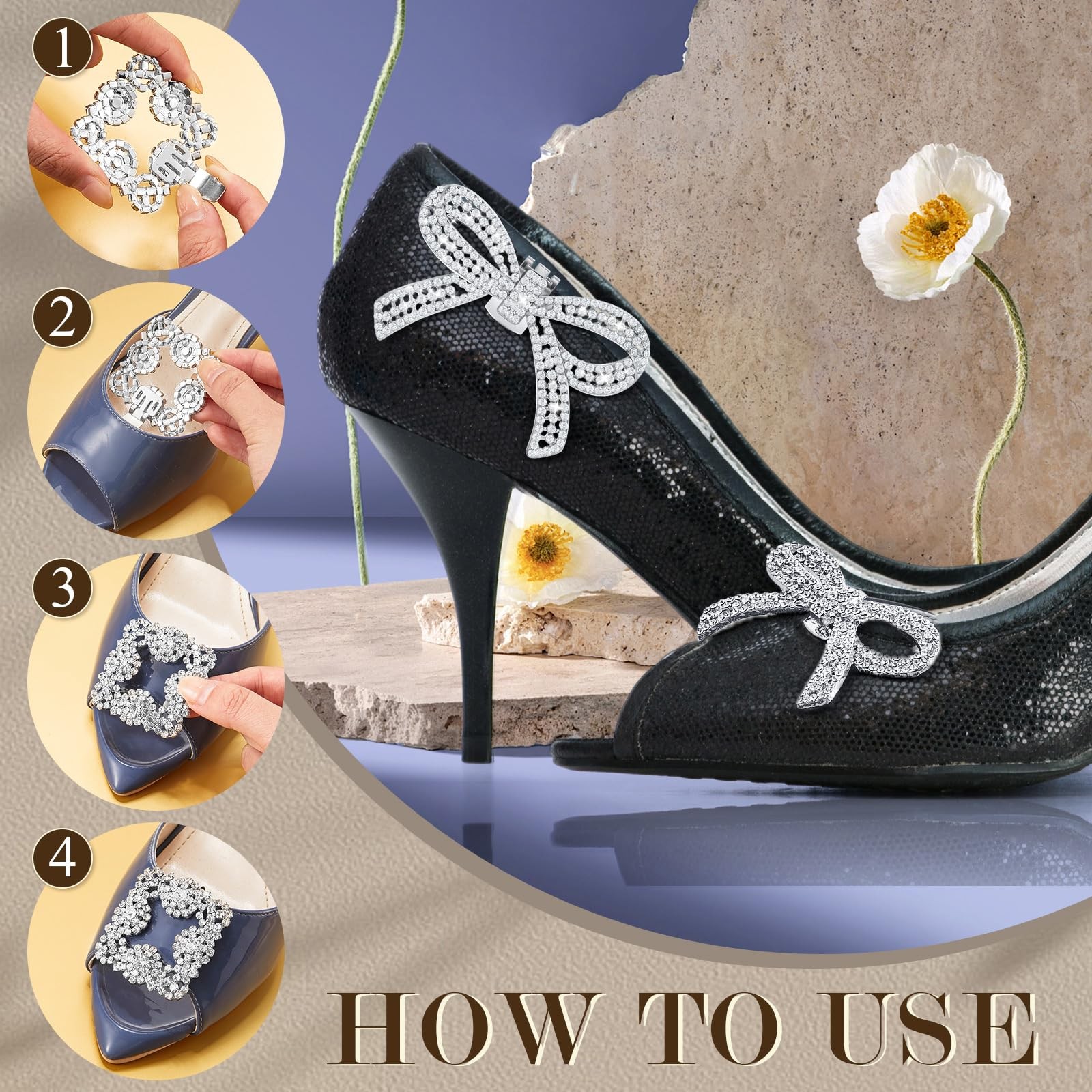 4 Pairs Rhinestone Pearl Bow Square Wing Shoe Clips for Women Charms