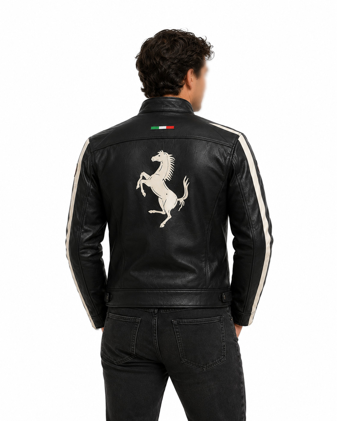Ferrari Inspired Black Leather Racing Jacket Men’s Motorcycle Biker Cafe Racer C