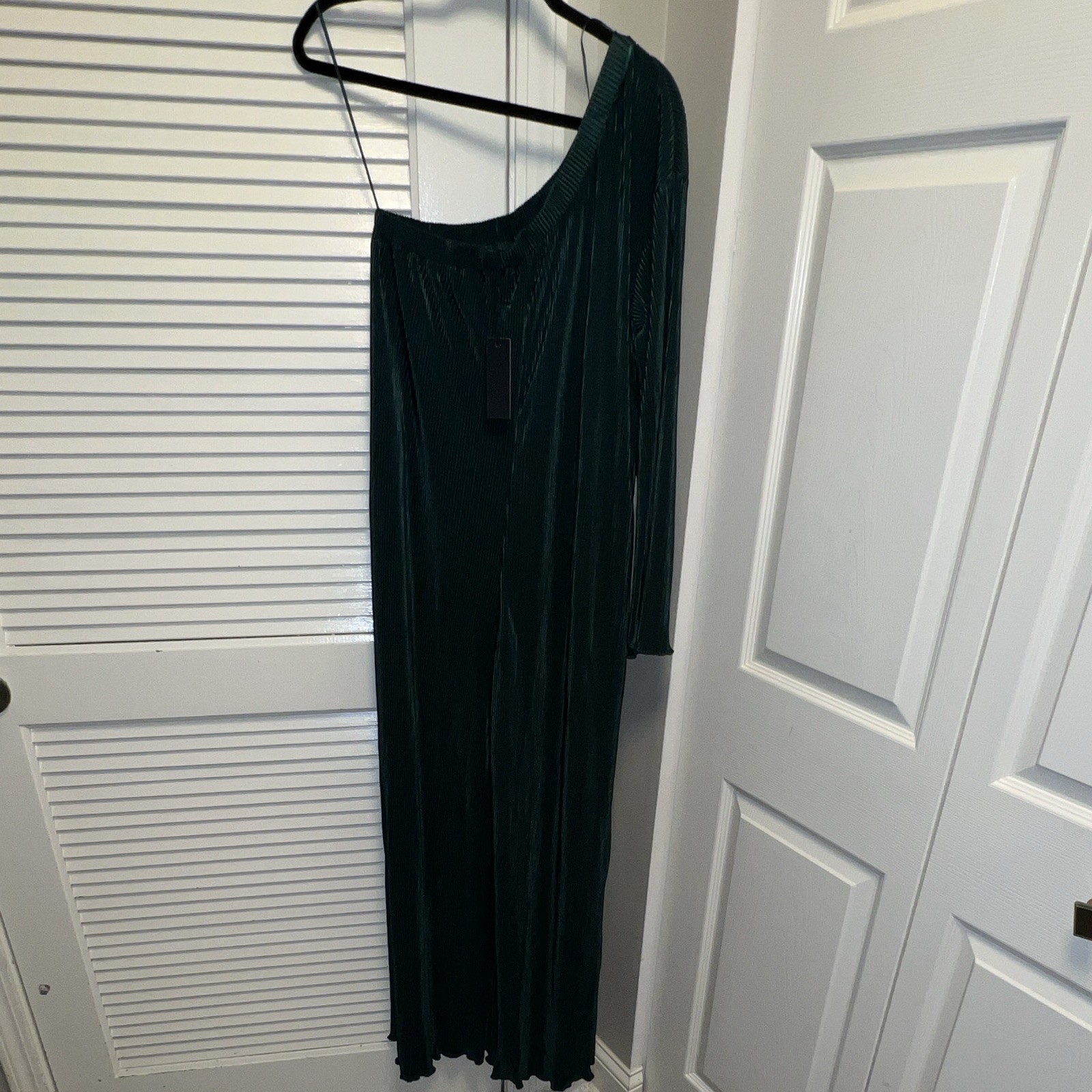 Dress Day Green Pleated One-Shoulder Long Sleeve Stretch Maxi Dress L