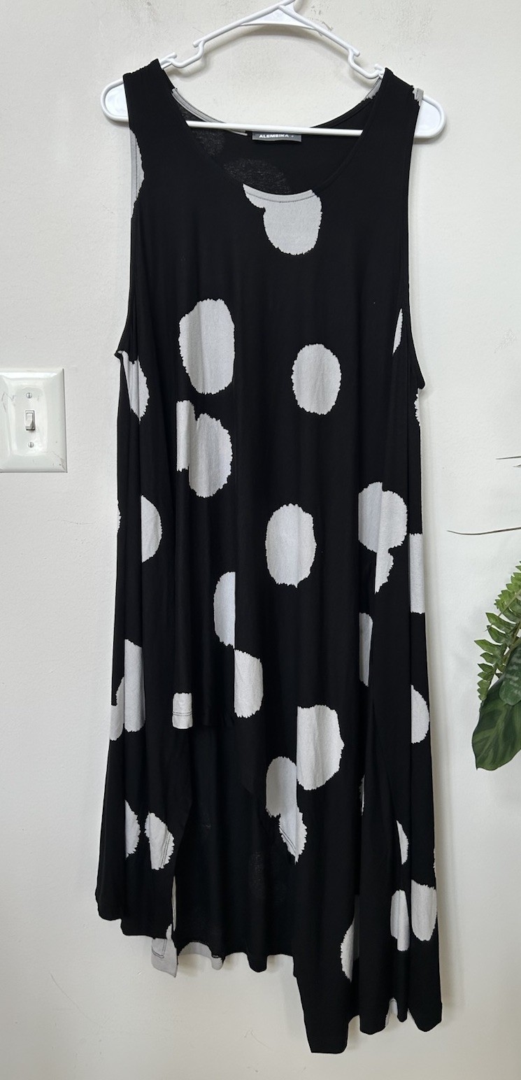 ALEMBIKA Black White Polka Dot Tunic Lagenlook Artsy Sleeveless Trapeze Top XL