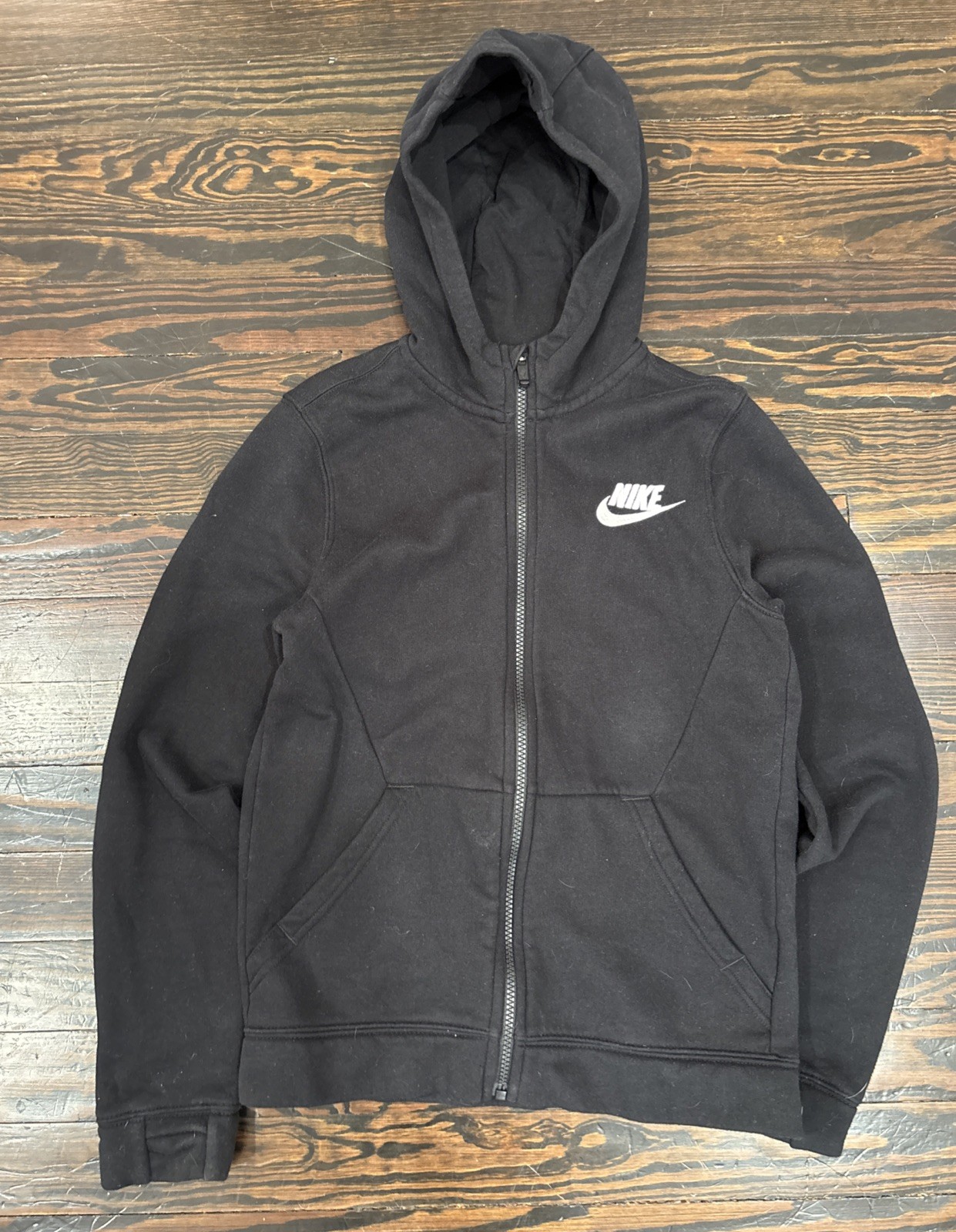 Nike Hooded Zip Up Thumb Holes Black Boys Size Large Cotton Polyester Blend