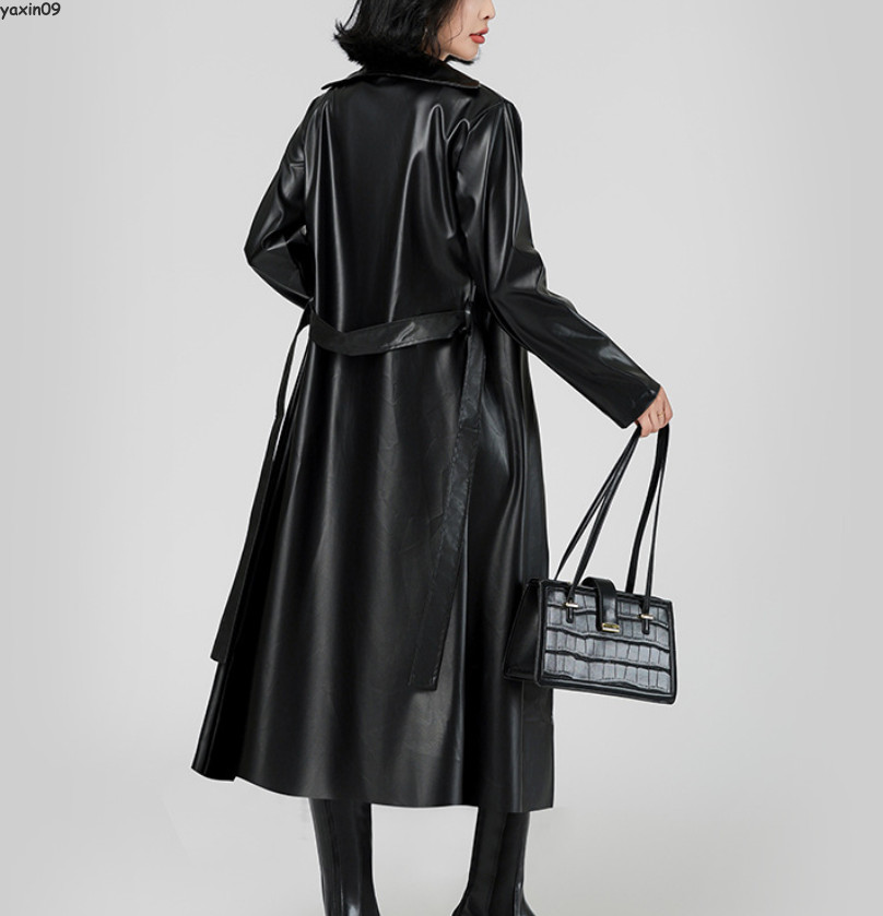 Women Trench Coat Long Loose Jacket Faux Leather Overcoat with Belt Long PU Coat