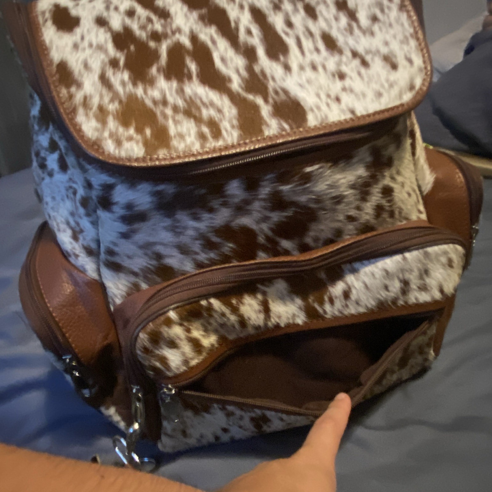 Real Cow hide Backpack Brown/White Zip, Adjustable Strap, Inner/Outer Pockets