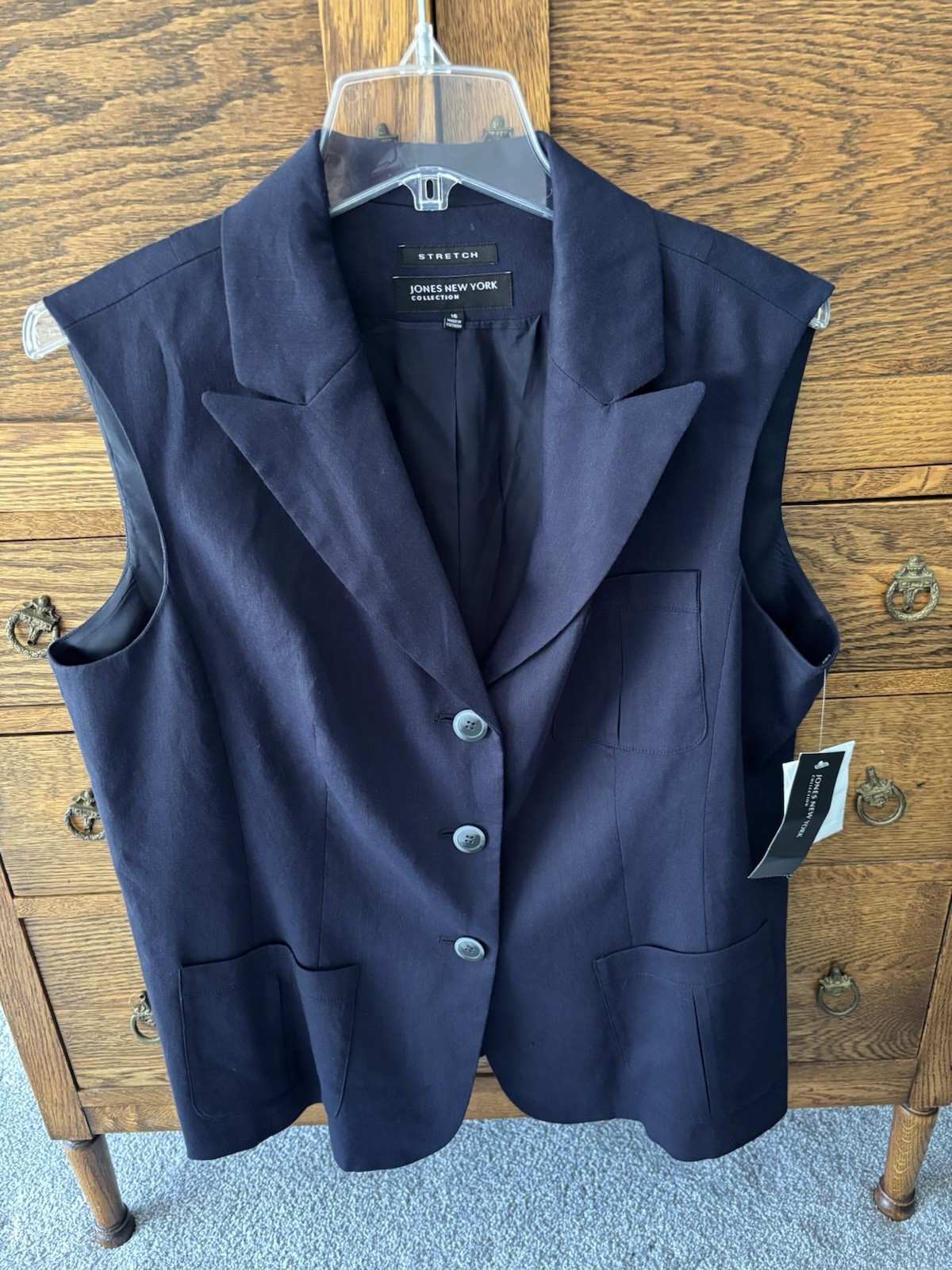 NWT Jones New York Linen Blend Vest Size 16 Wear To Work Top Navy Blue Lined NEW