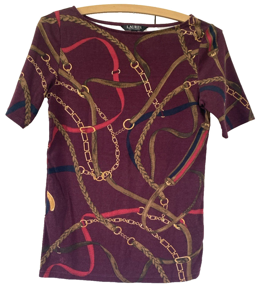 LAUREN RALPH LAUREN Equestrian Bridles Top Burgundy Cotton Stretch Knit Sz S