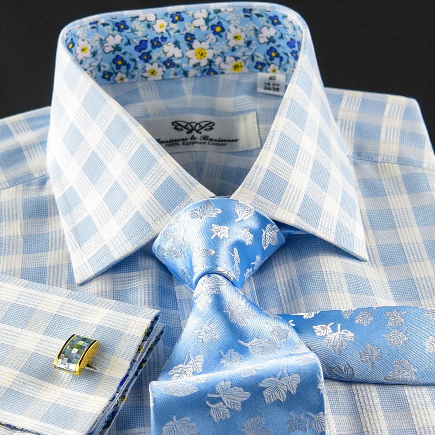 Blue Check Formal Business Dress Shirt Wih Blue Floral Inner Lining Double Cuff