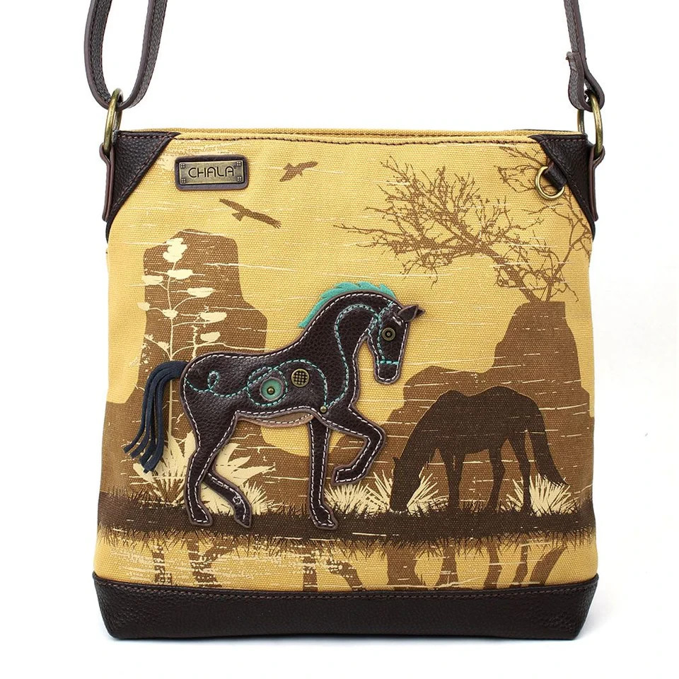 Chala Canvas Crossbody Shoulder Purse with Adjustable Strap – Horses, Brown NWT