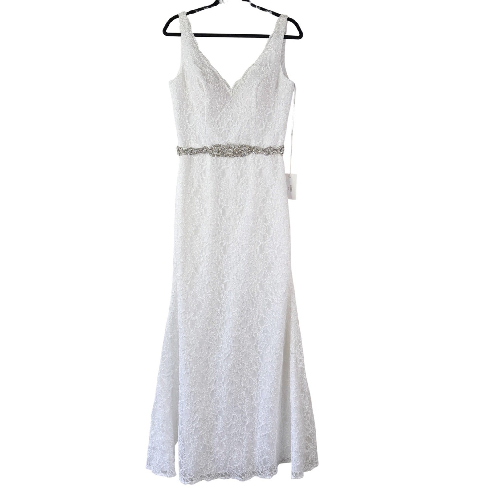 Mori Lee Madeline Gardiner Wedding Dress Lace Beaded Belt V Neck Sleeveless 10