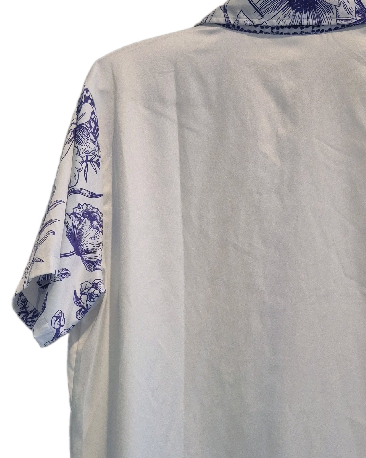 White/Blue Floral Collared Button-Up Short Sleeve Woven Polyester Blouse L