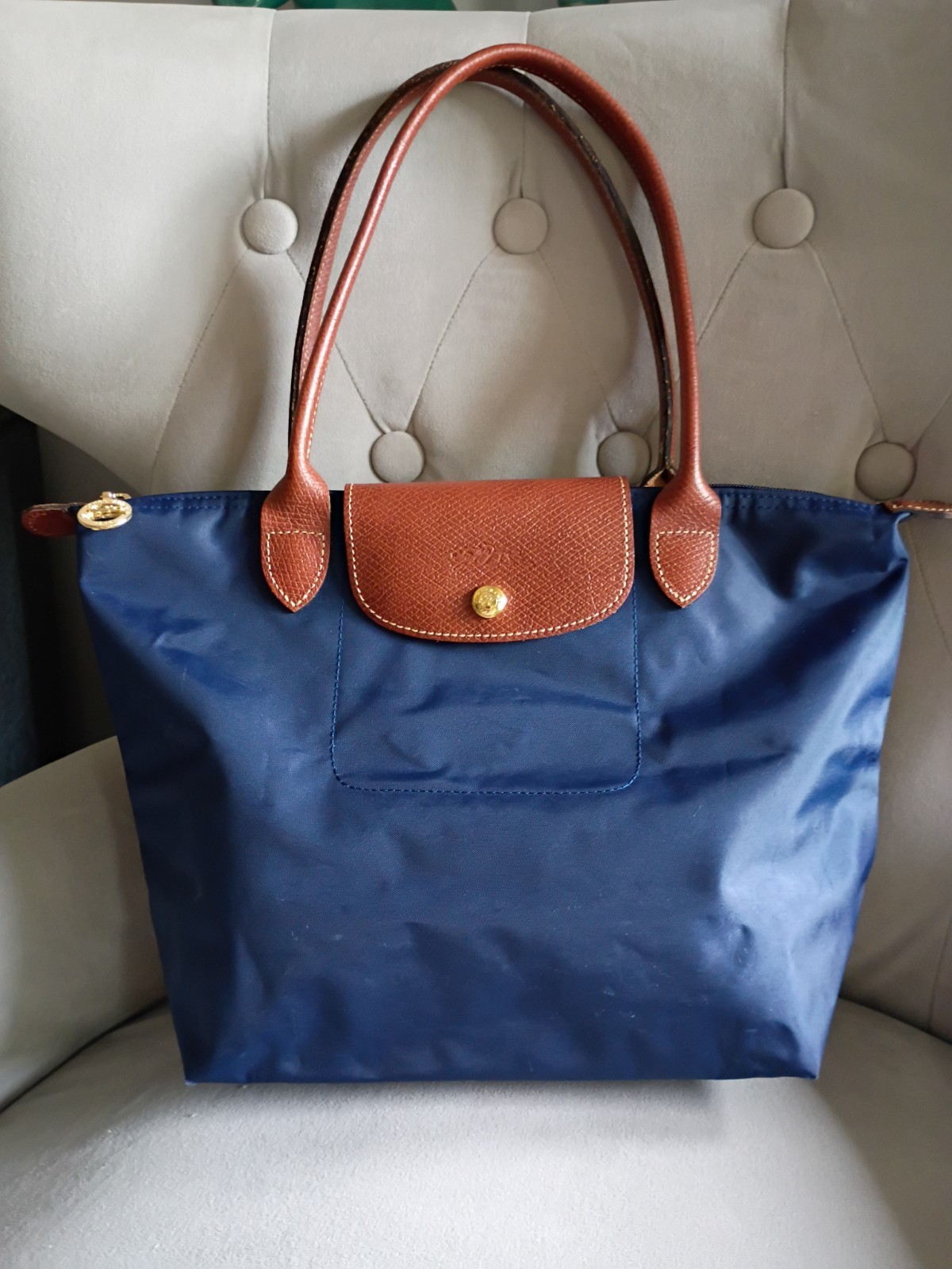 Longchamp le Pliage Navy Blue Canvas Medium Shoulder Tote Bag