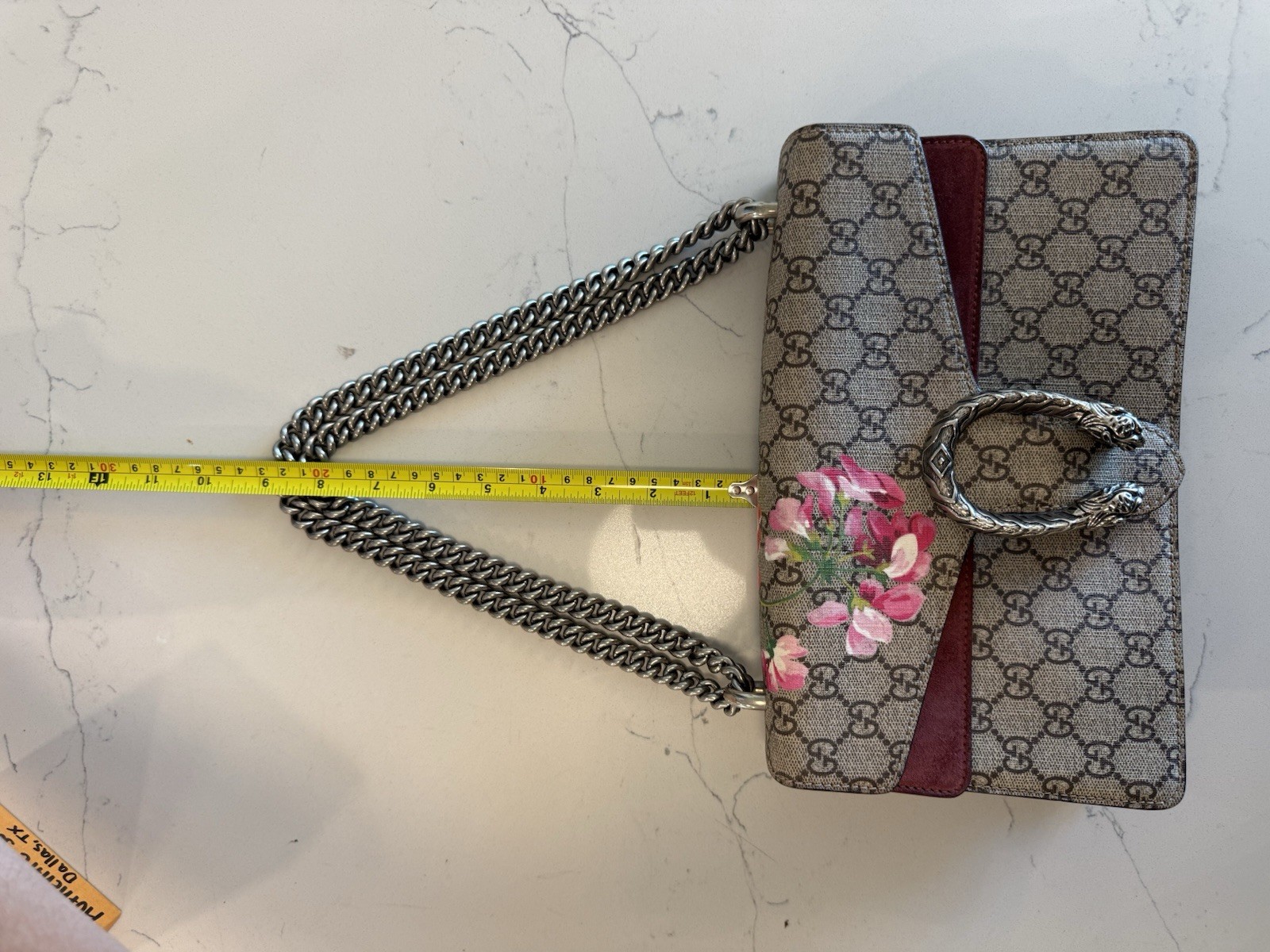 Gucci Dionysus GG Blooms Floral Chain Shoulder Bag Snap Closure Beige Burgundy