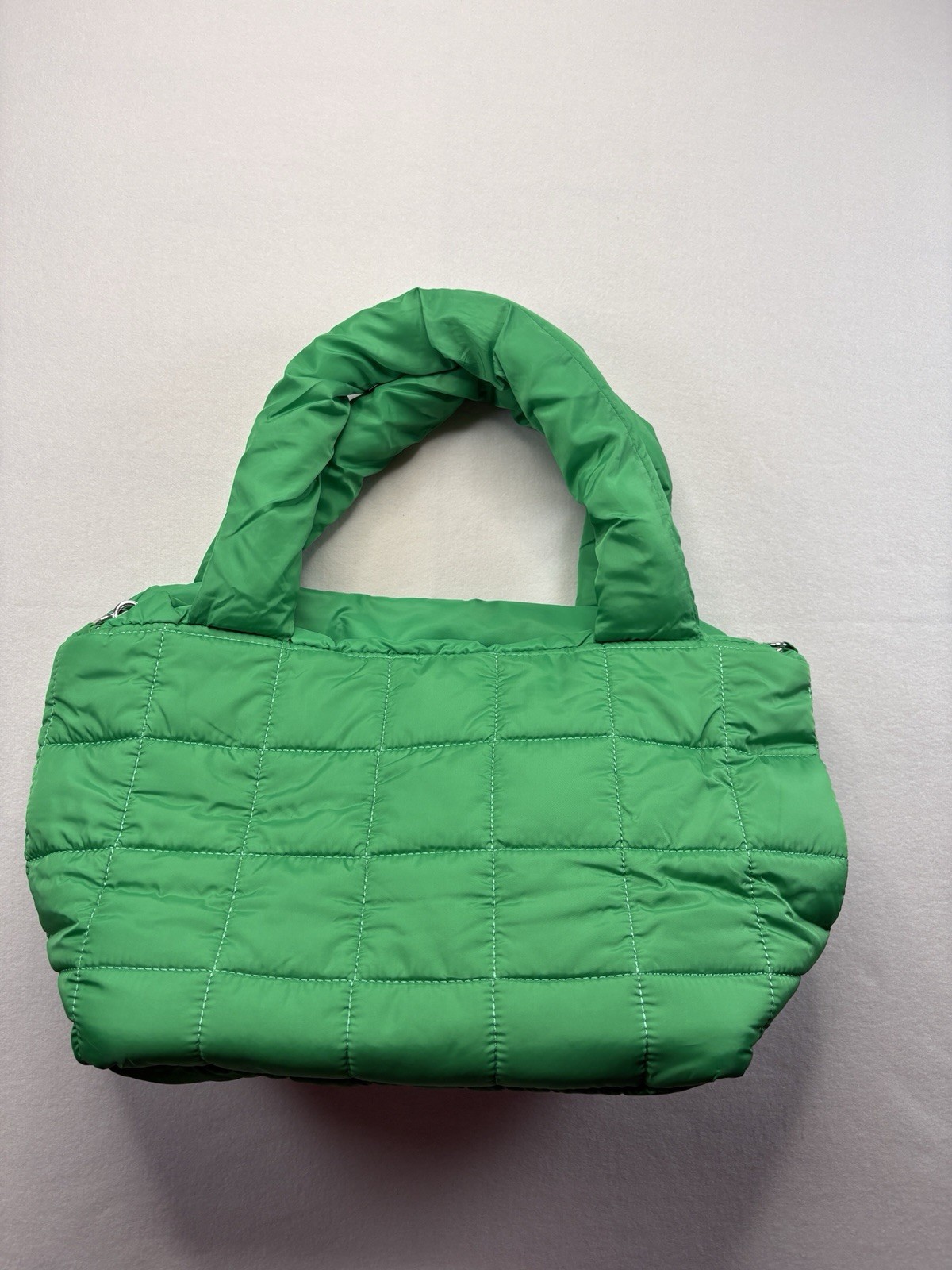 Green Quilted Puffer Shoulder Bag, Top Handle, Zip Closure, Detachable Strap