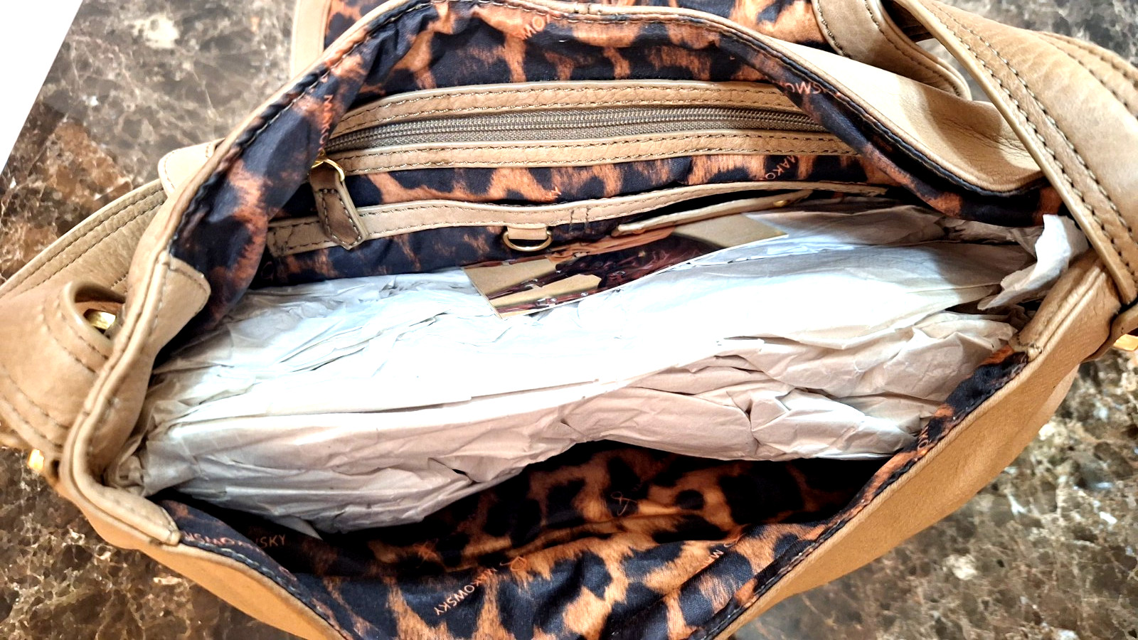 B. MAKOWSKY Taupe Leather Shoulder Hobo Bag Gold Bow Shaped Buckle NWOT