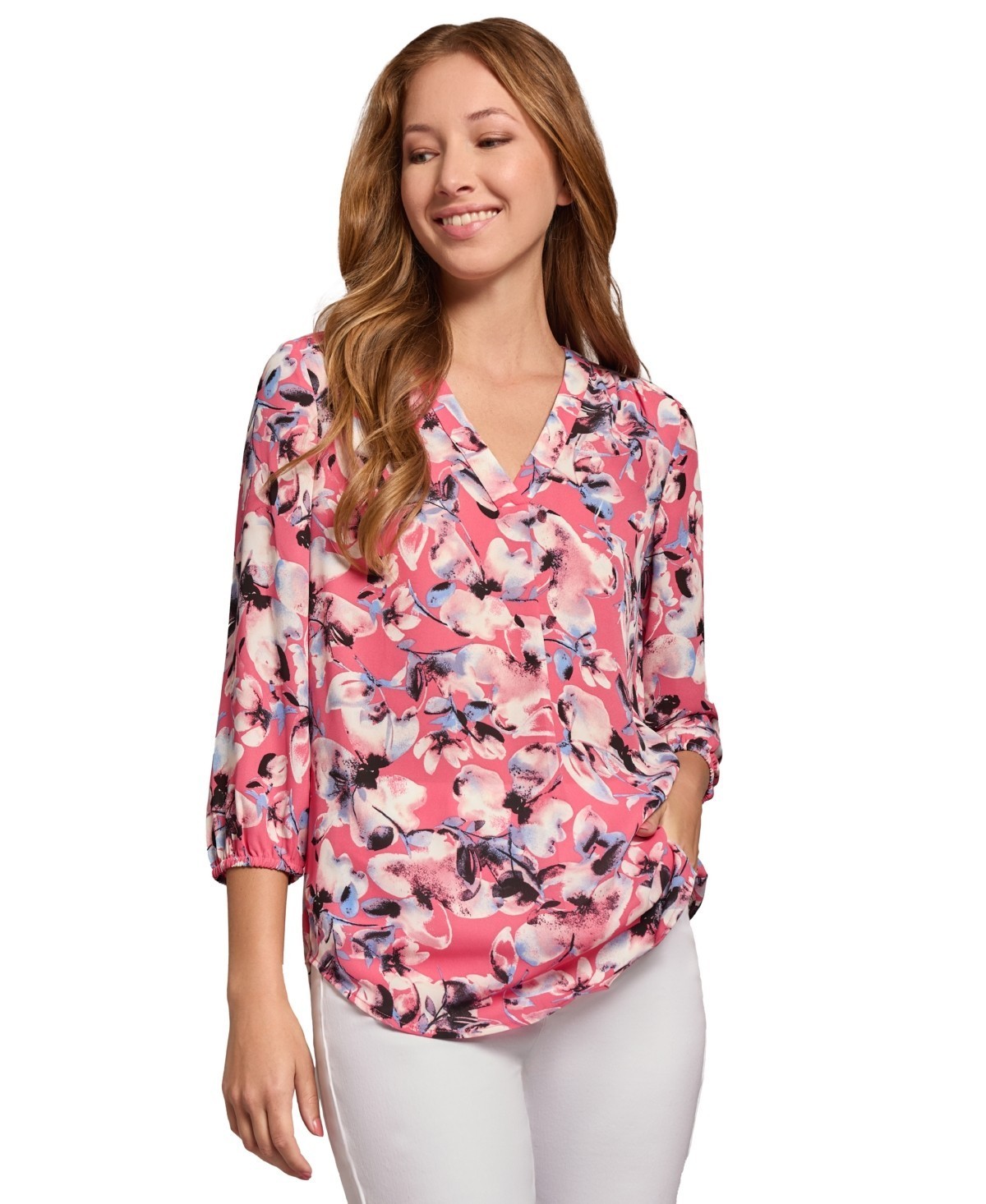 Jones New York Kelly Printed 3/4-Sleeve Tunic Blouse Women’s L Fresh Guava Multi