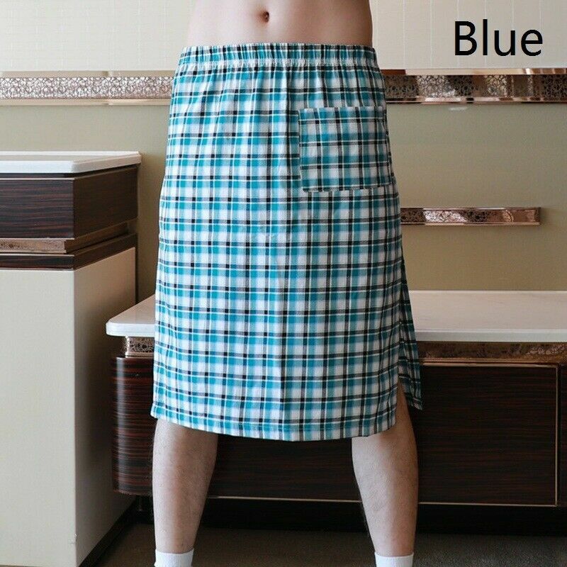 Men’s Cotton Blend Check Night Skirt Plaid Nightdress Lingeries Sleepwear Casual