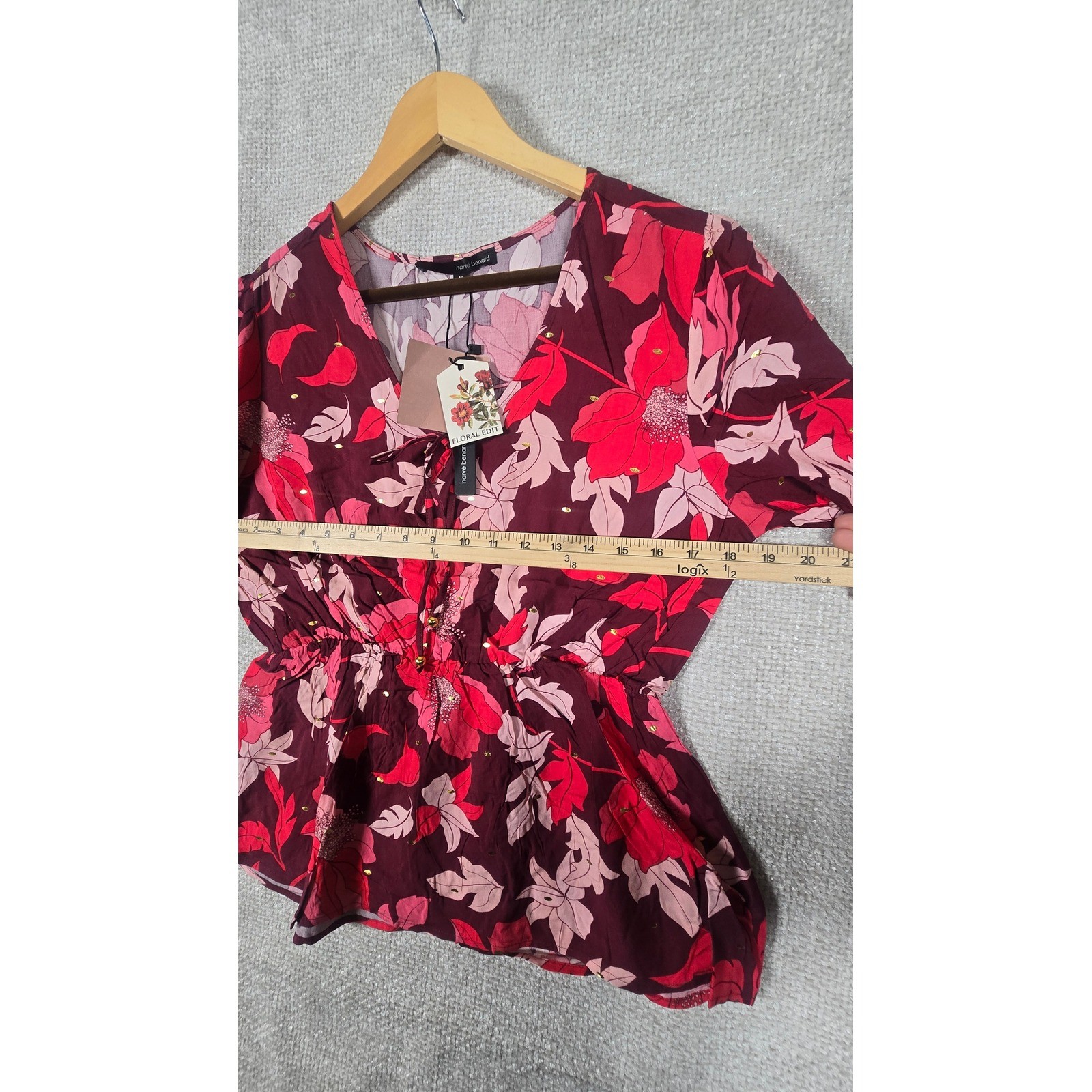 Herve Benard Womens Floral Peplum Top Burgundy Pink V-Neck Blouse M New