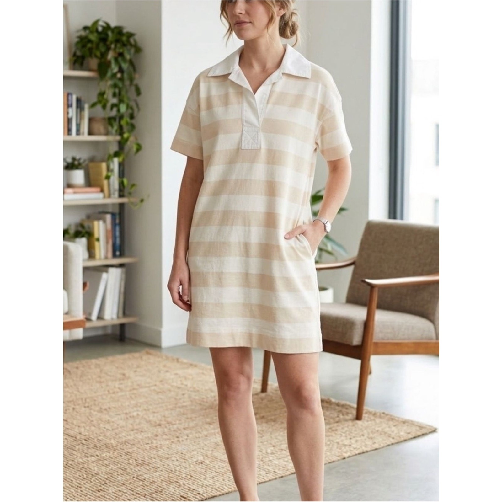 Everlane The Retro Striped Polo Jersey Mini Dress in Cream & White Size Small