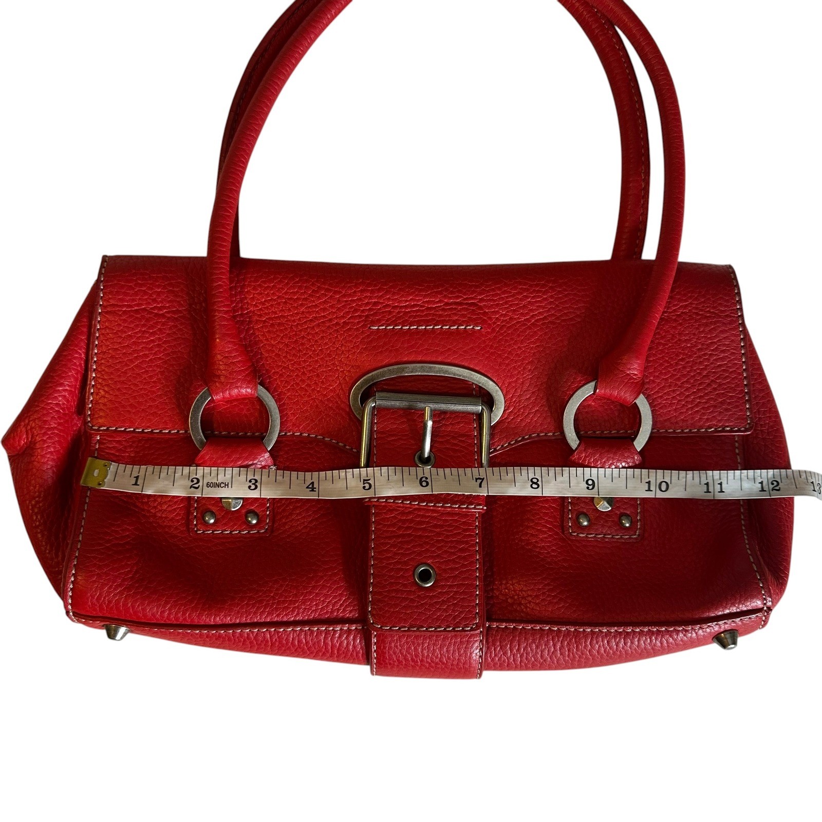 Cynthia Rowley Red Pebbled Leather Shoulder Bag Buckle Detail Silver Hardware