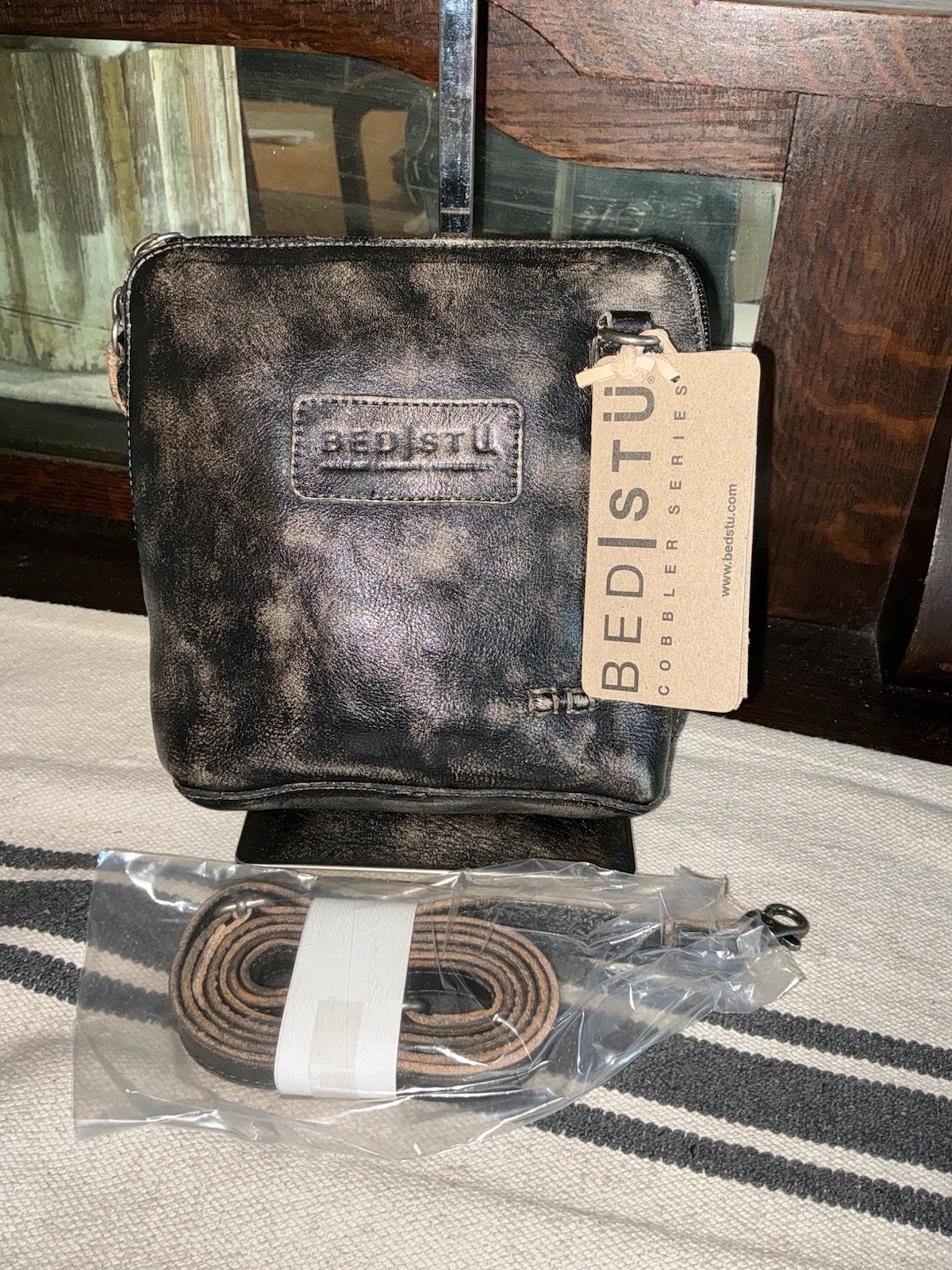 NWT Bed Stu Leather Ventura Crossbody Clutch Bag Black Hand Wash Retail $155